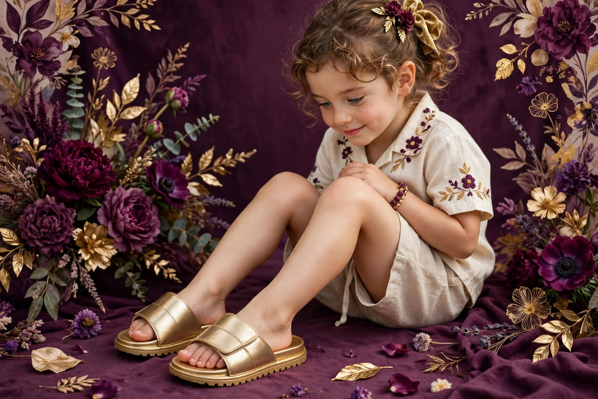 Child wearing Gold Kids Slide Sandals