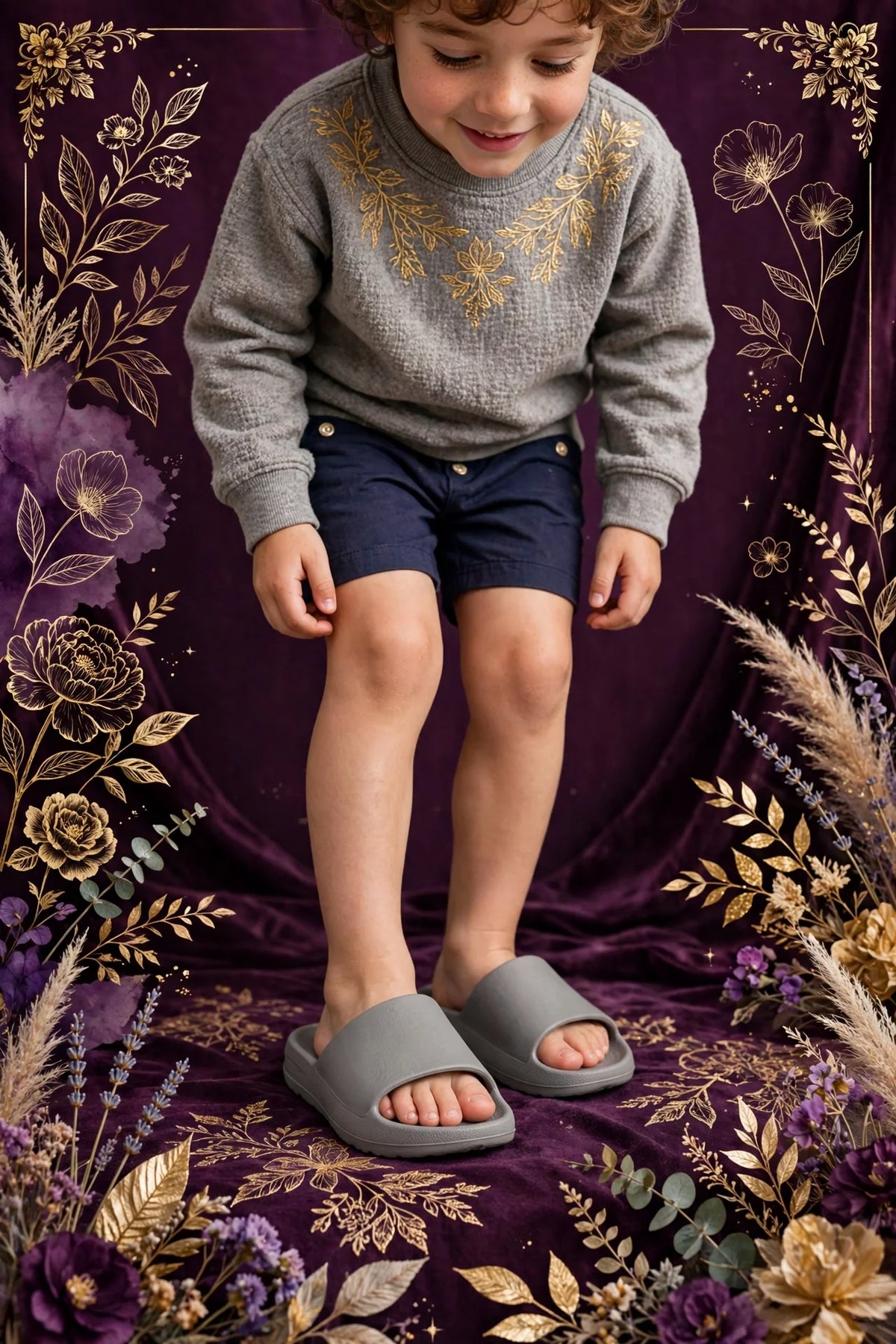 Child wearing Grey Kids Slide Sandals