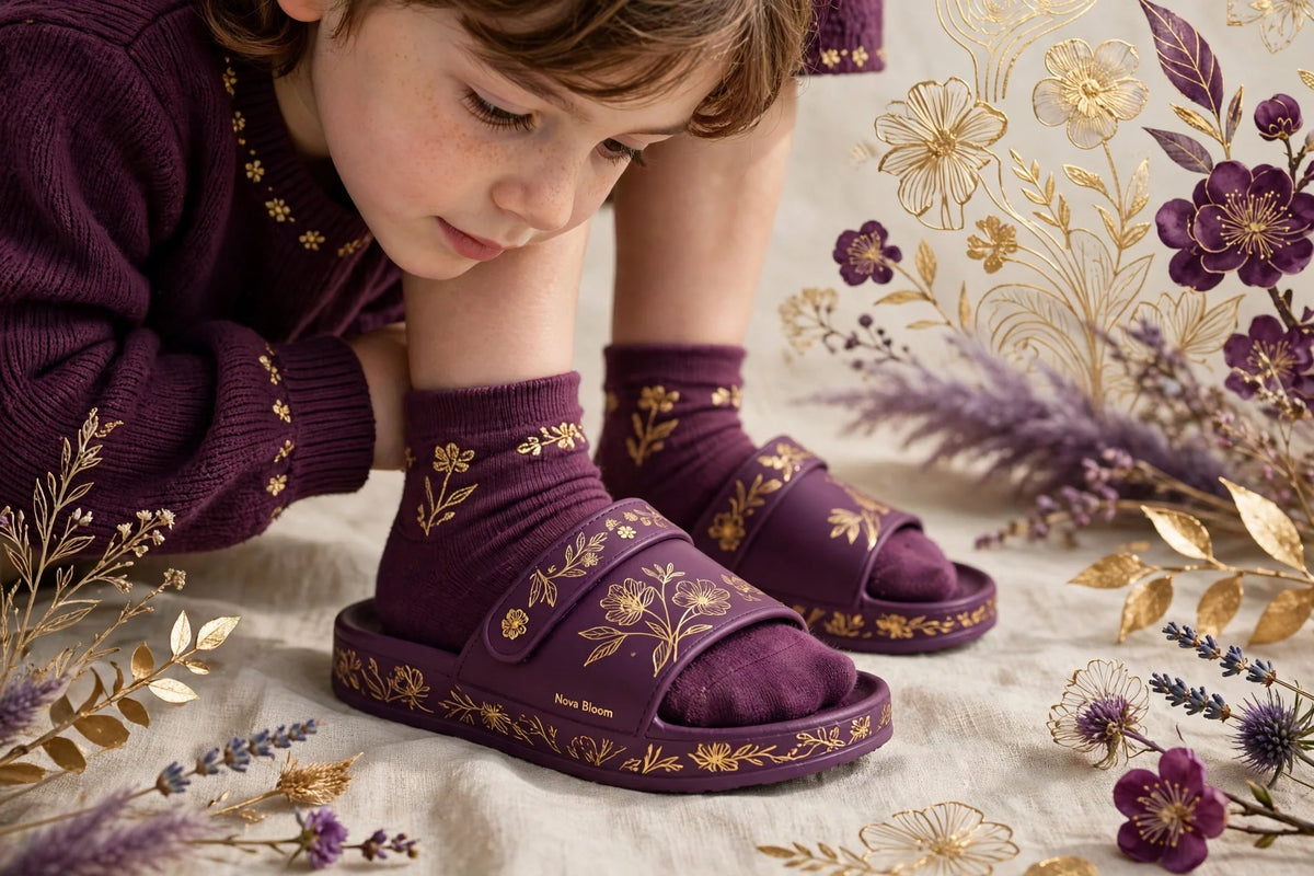 Child wearing Purple Kids Slide Sandals