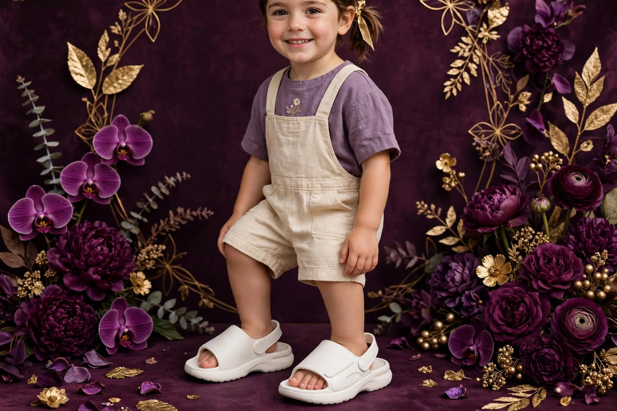 Child wearing White Kids Slide Sandals