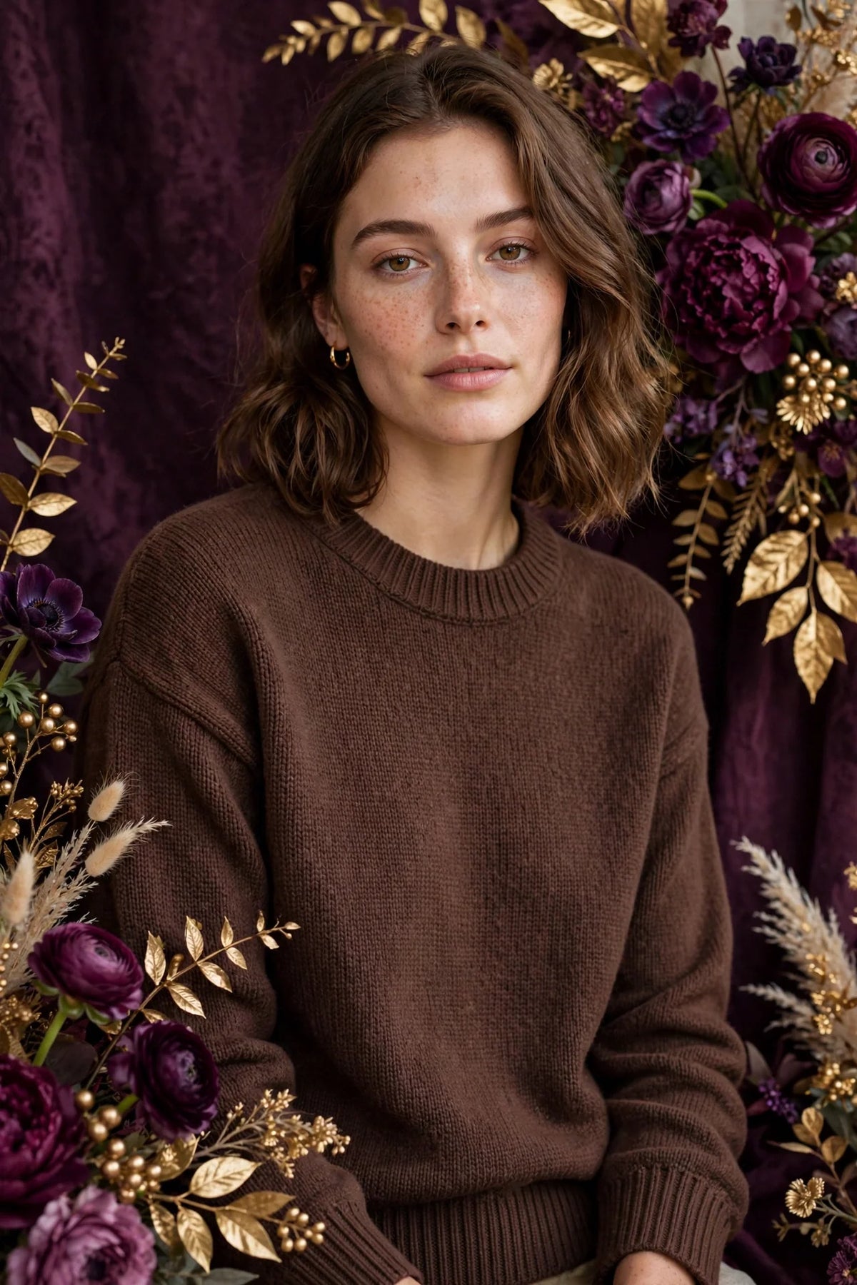 Person wearing Brown Cotton Knit Crewneck Sweater