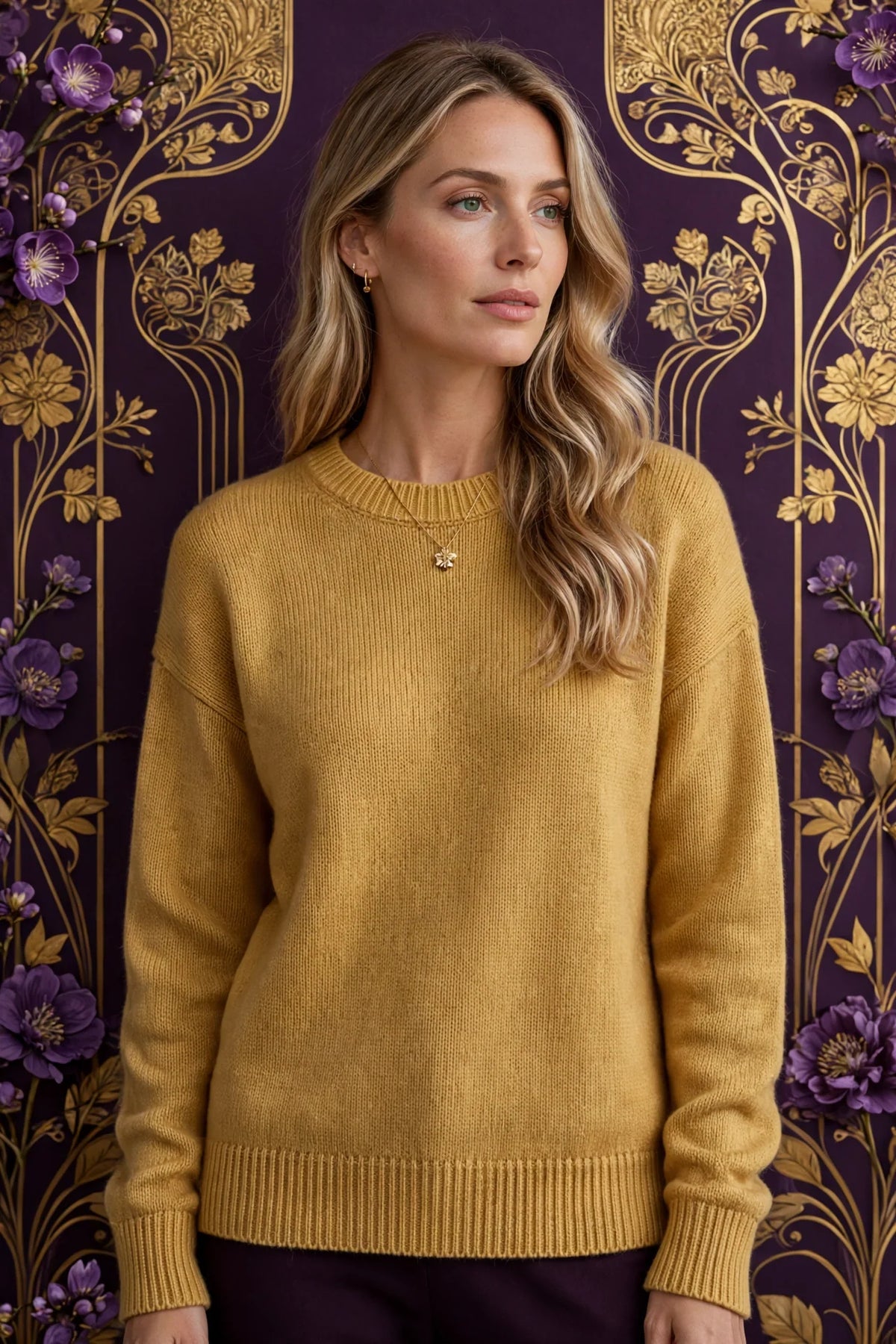 Person wearing Gold Cotton Knit Crewneck Sweater