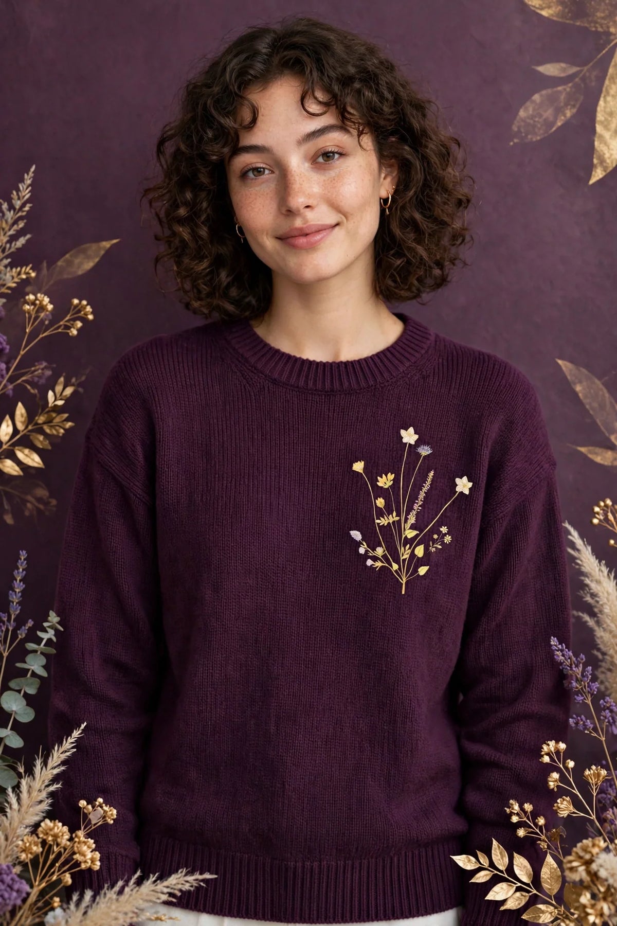 Person wearing Purple Cotton Knit Crewneck Sweater
