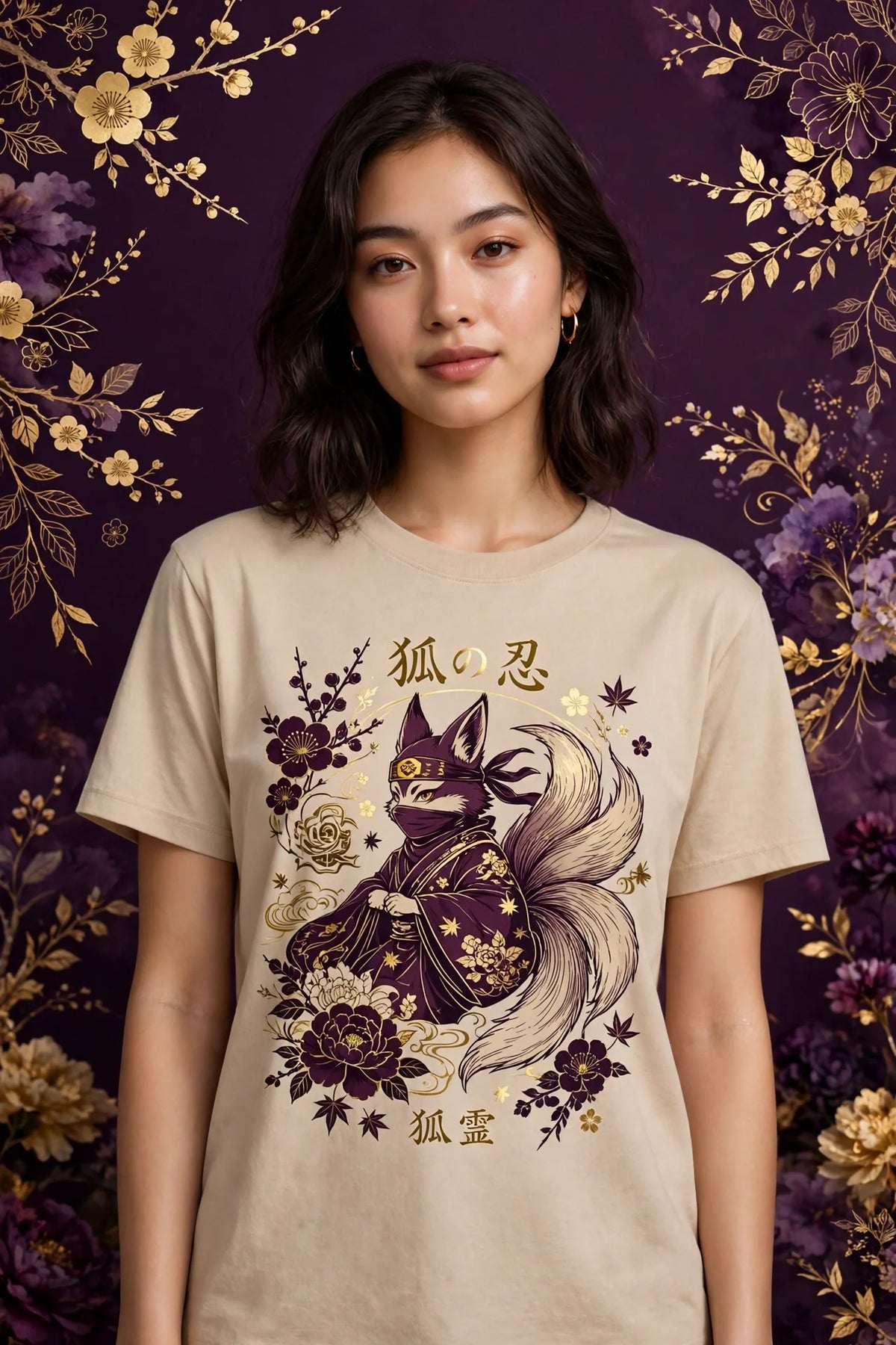 Person wearing Beige Anime Ninja Fox Spirit T-Shirt