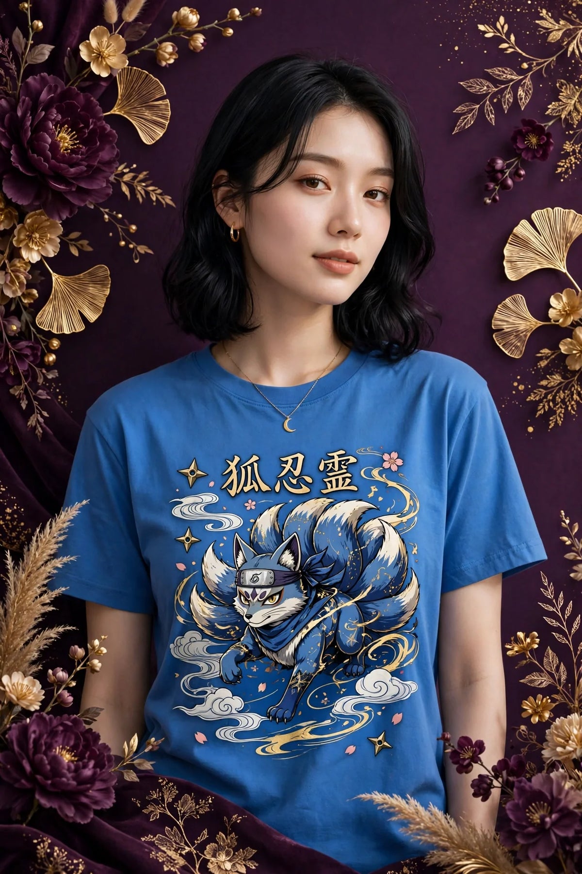 Person wearing Blue Anime Ninja Fox Spirit T-Shirt