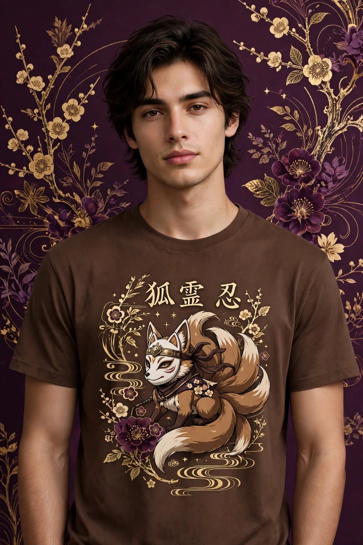Person wearing Brown Anime Ninja Fox Spirit T-Shirt