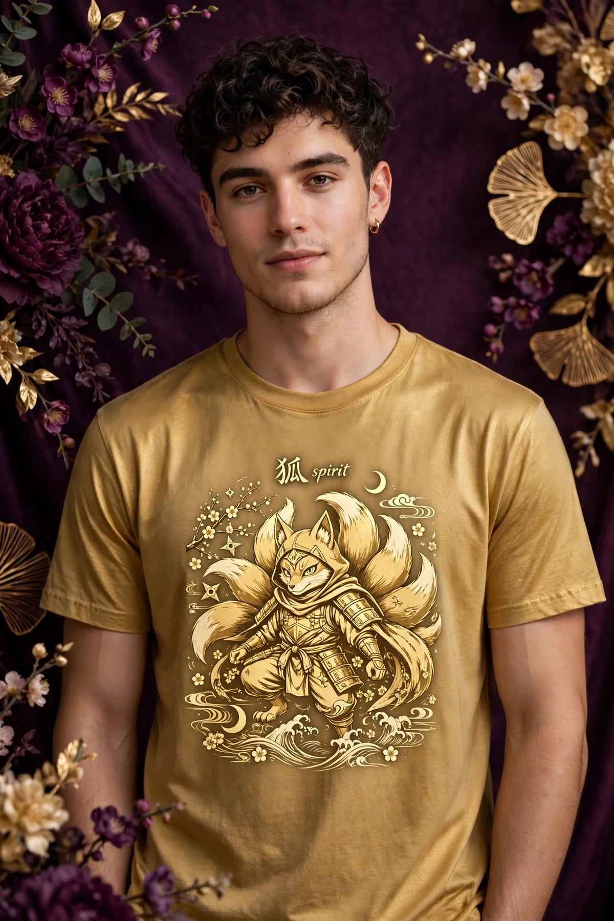 Person wearing Gold Anime Ninja Fox Spirit T-Shirt