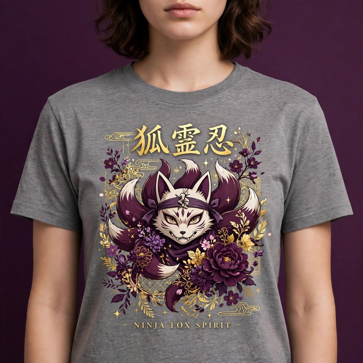 Person wearing Grey Anime Ninja Fox Spirit T-Shirt