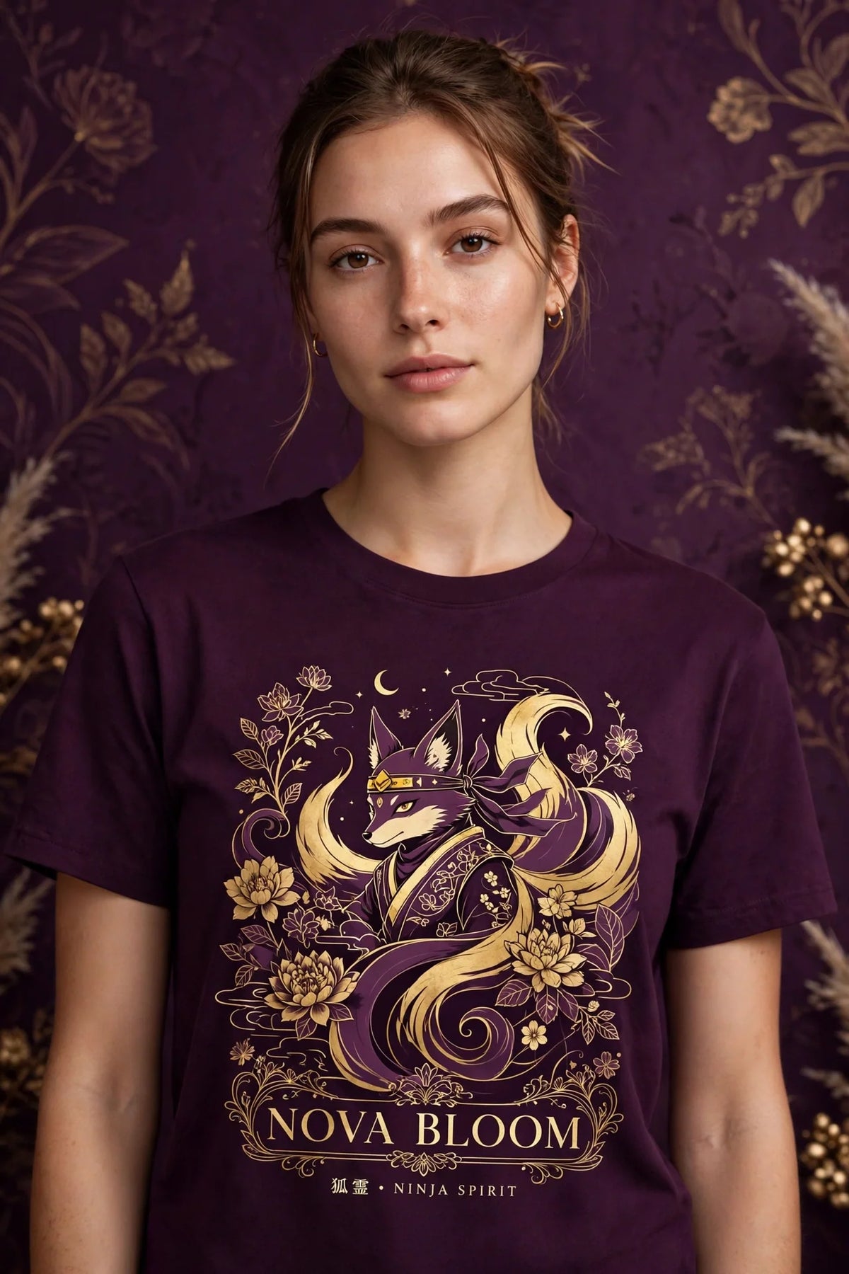 Person wearing Purple Anime Ninja Fox Spirit T-Shirt