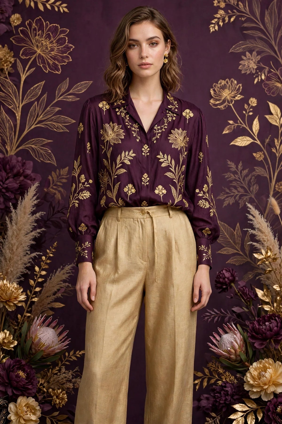 Person wearing Gold Linen Trousers