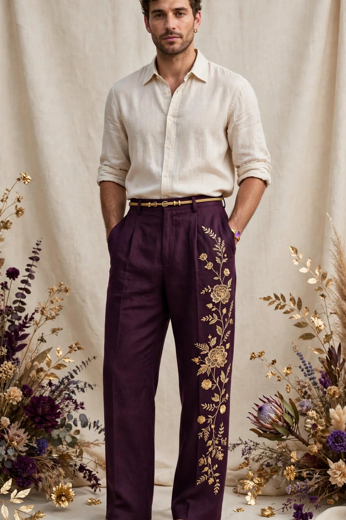 Person wearing Purple Linen Trousers
