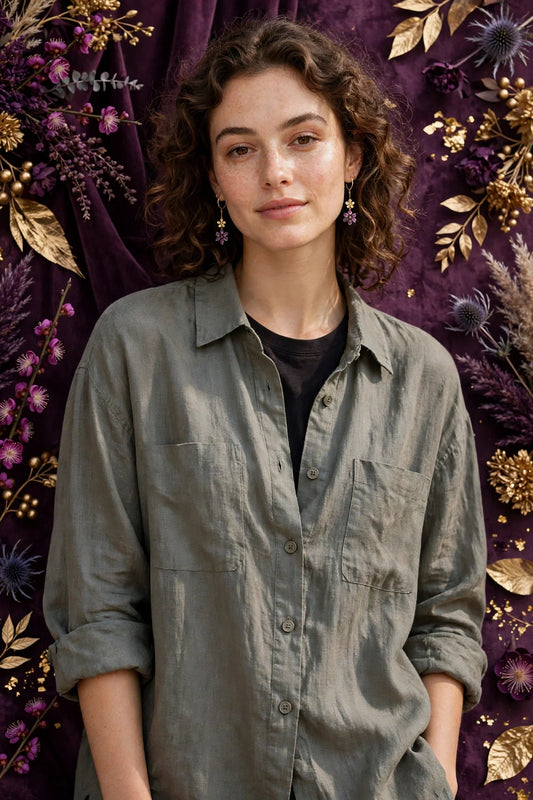 Person wearing Grey Moss grey linen overshirt