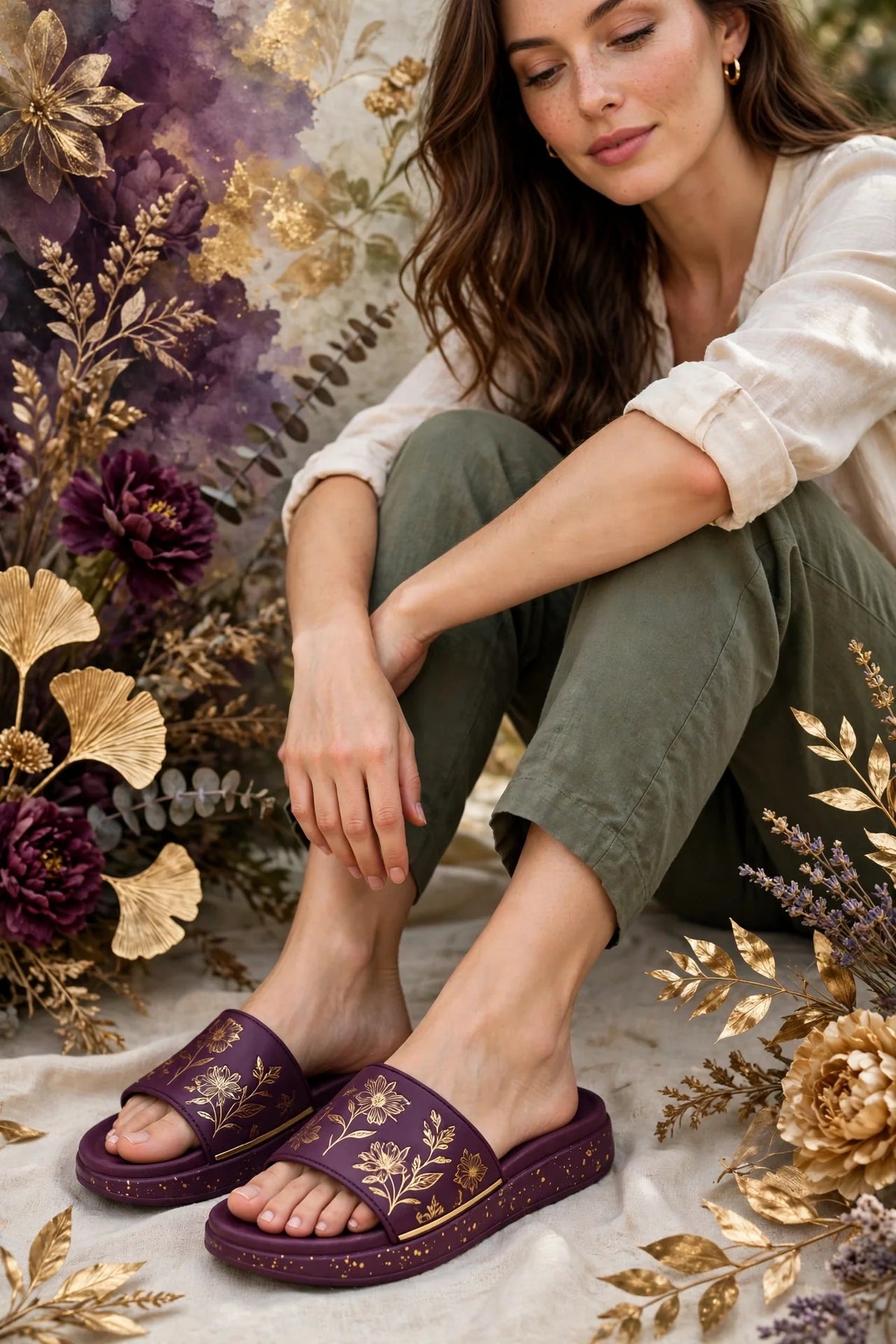 Woman wearing Purple Women's Casual Slide Sandals