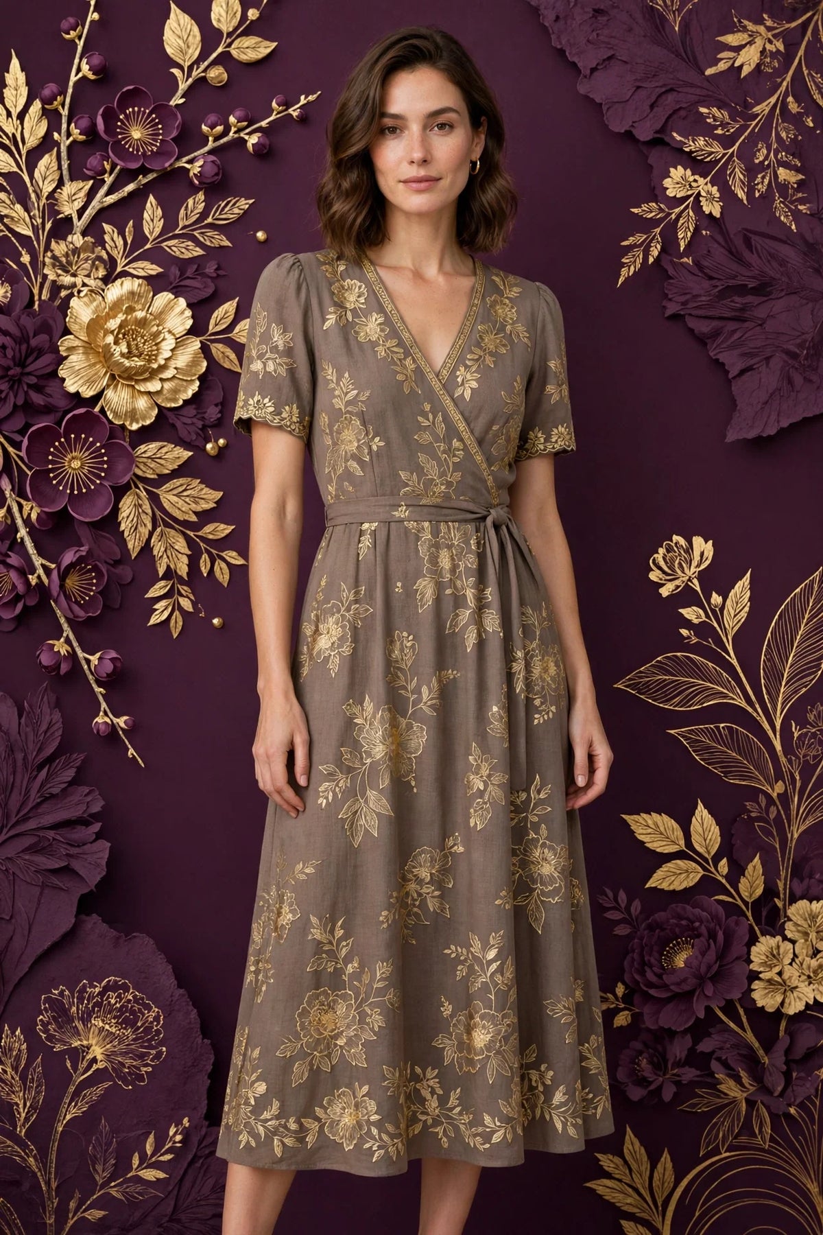 Person wearing Gold Taupe Midi Dress