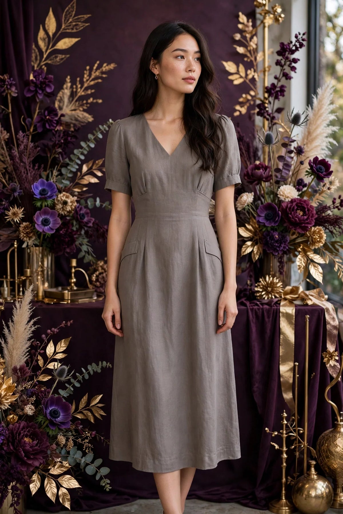 Person wearing Grey Taupe Midi Dress