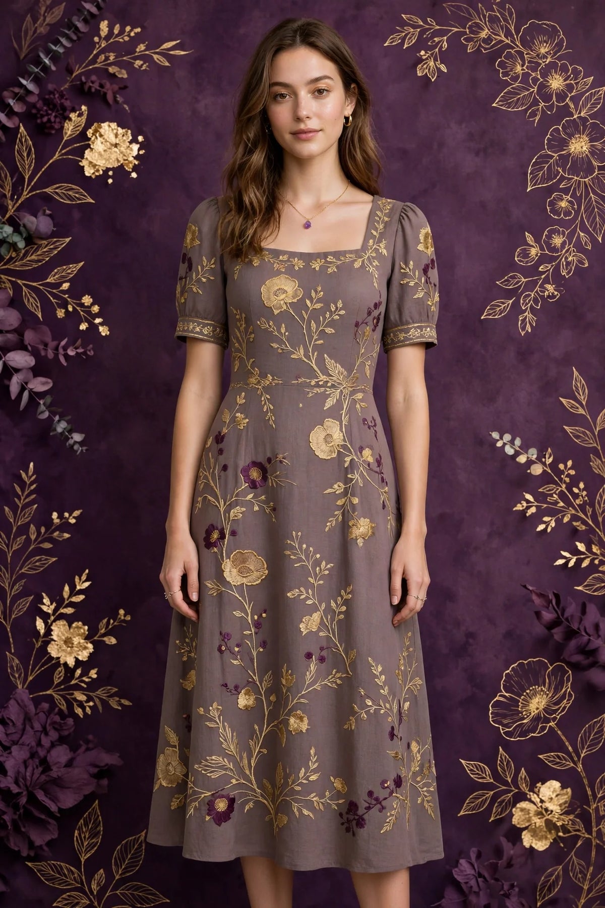 Person wearing Purple Taupe Midi Dress