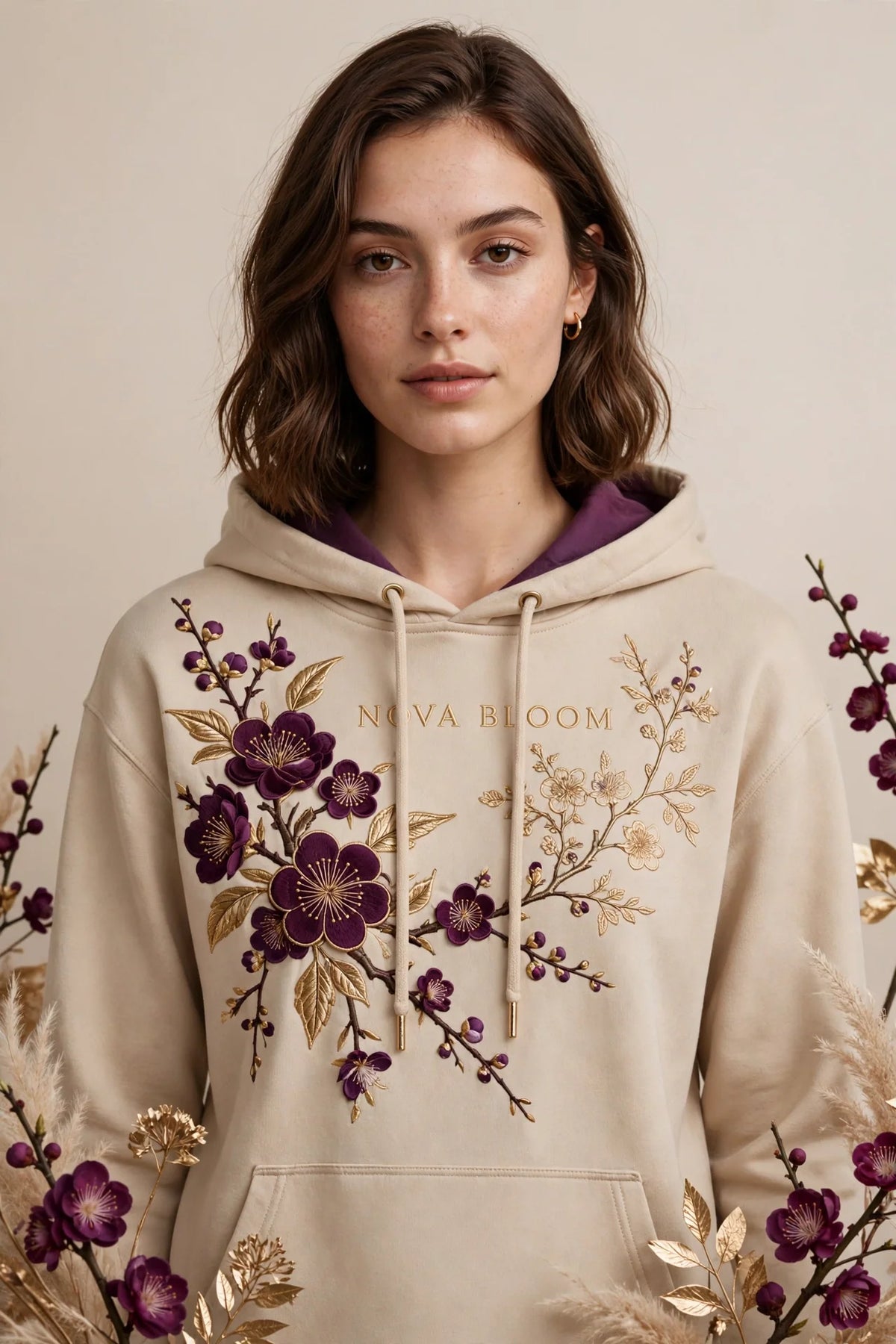 Person wearing Beige Violet Hoodie
