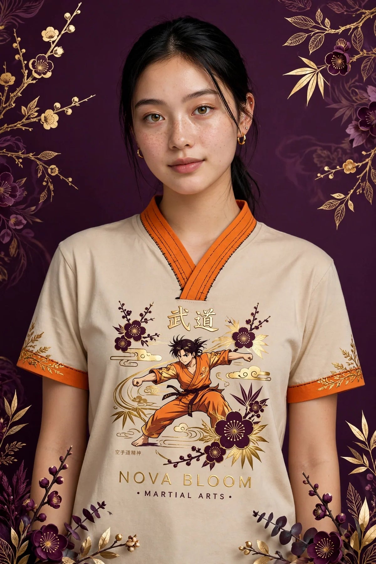 Person wearing Beige Anime Orange Gi Martial Artist T-Shirt