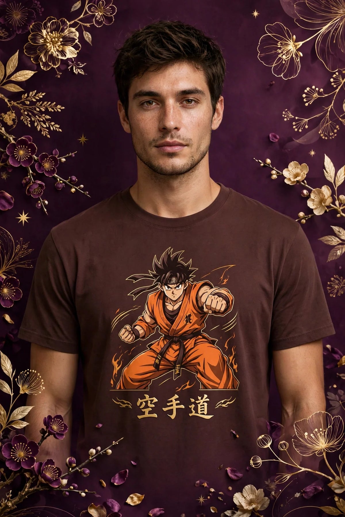 Person wearing Brown Anime Orange Gi Martial Artist T-Shirt