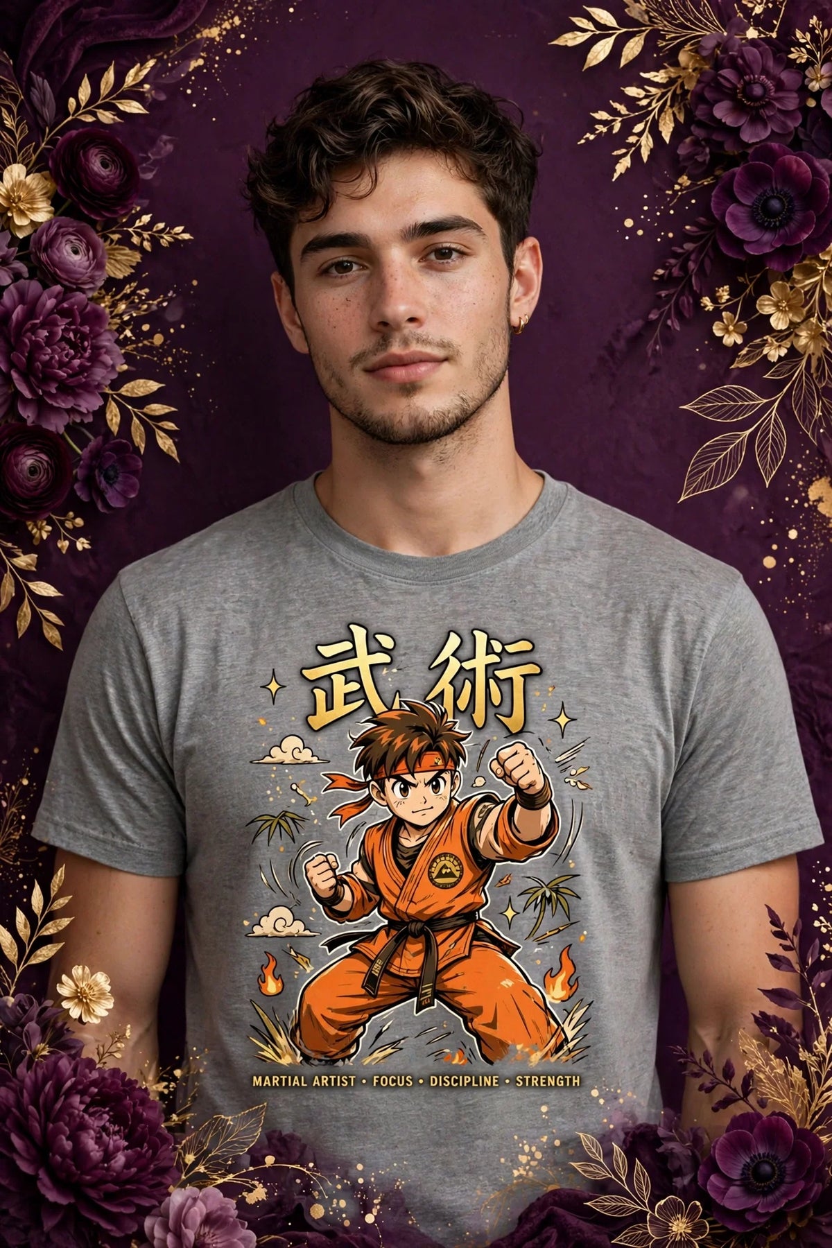 Person wearing Grey Anime Orange Gi Martial Artist T-Shirt