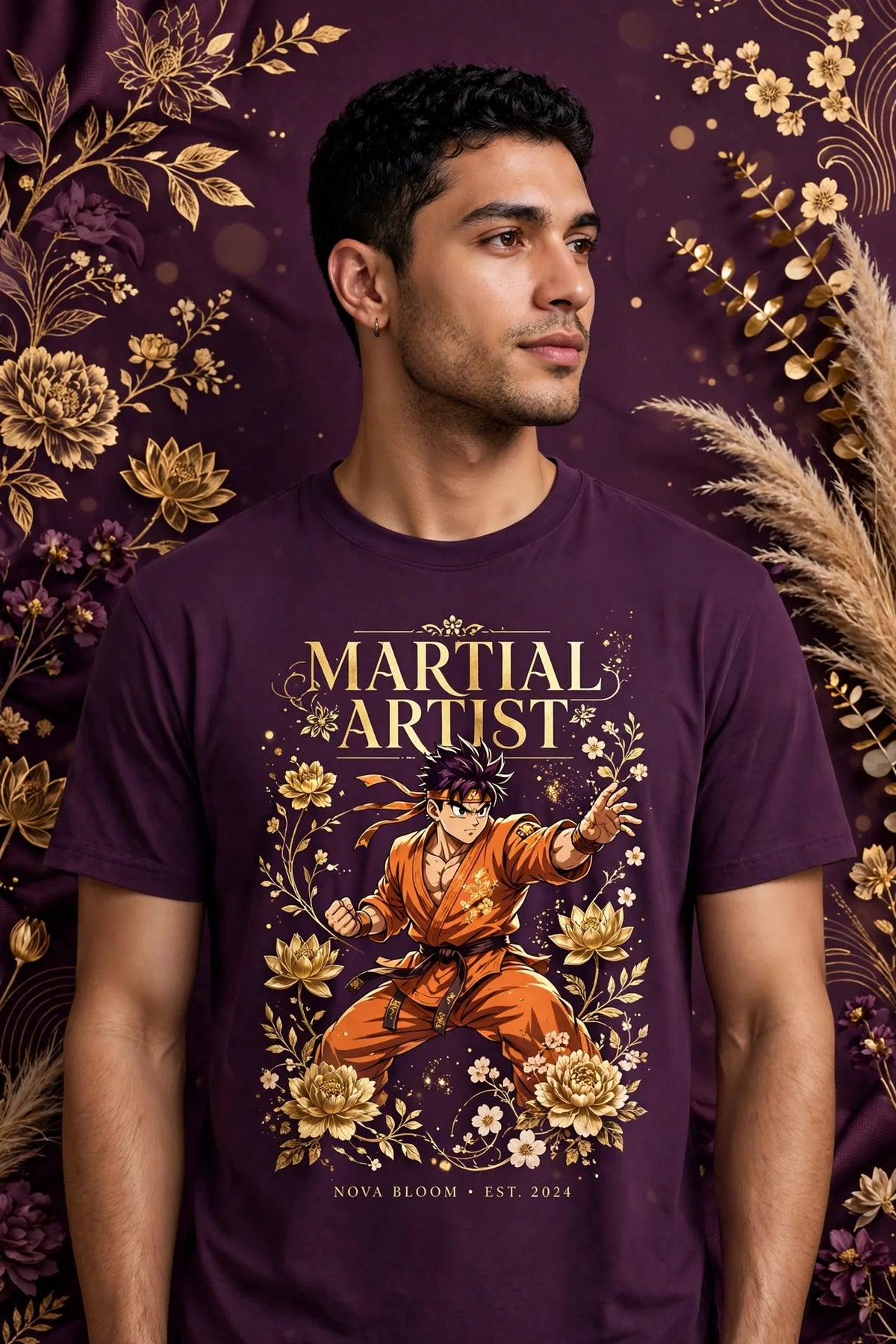 Person wearing Purple Anime Orange Gi Martial Artist T-Shirt