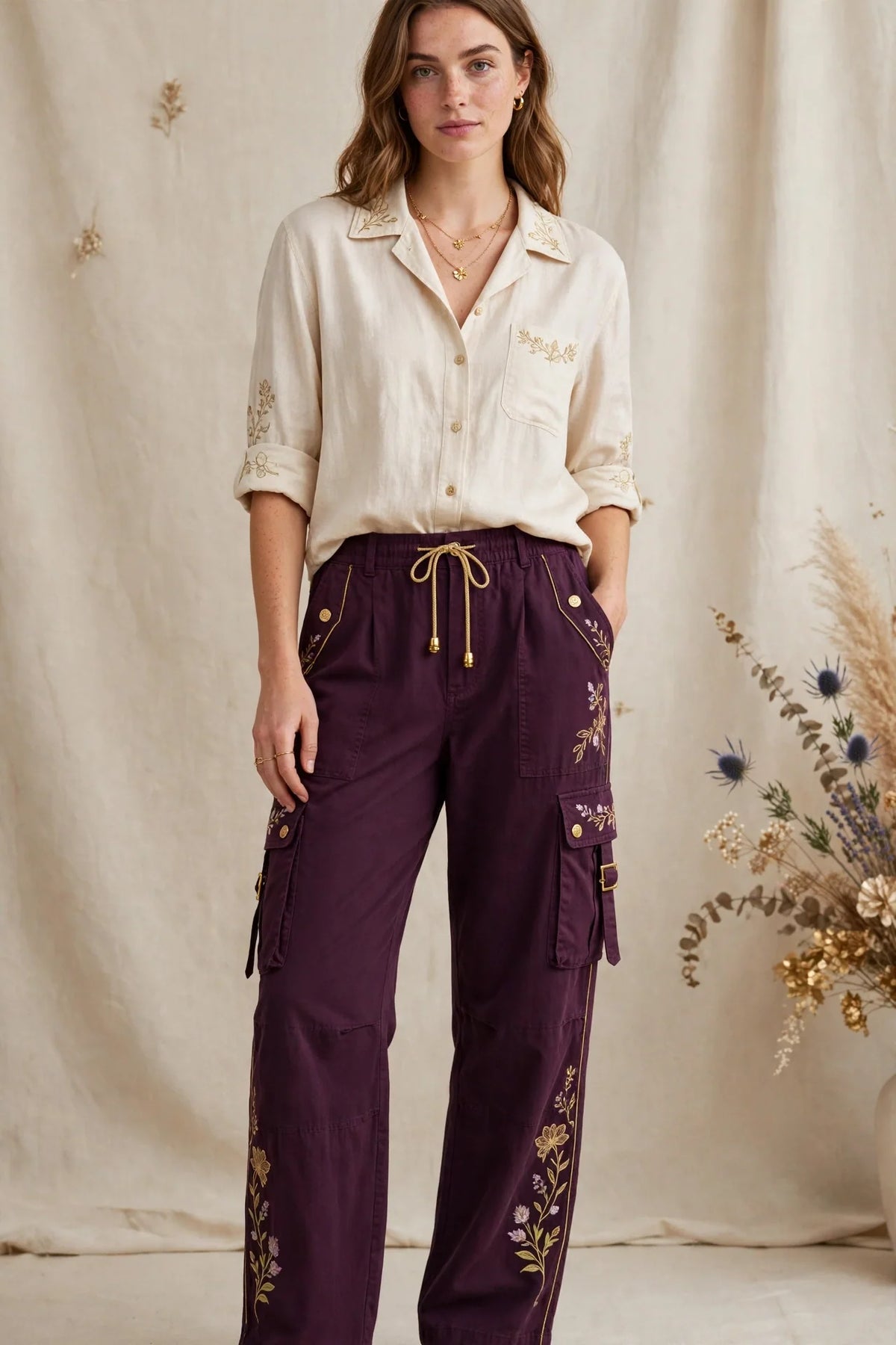 Person wearing Purple Relaxed fit cargo pants