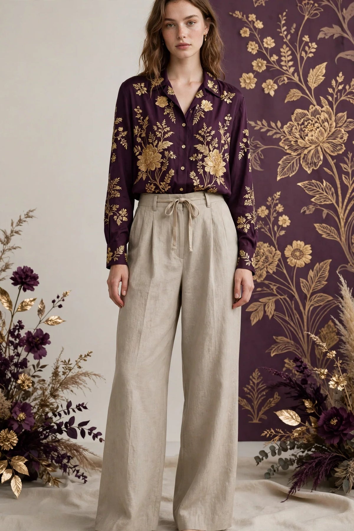 Person wearing Beige Clay Gray linen wide-leg trousers