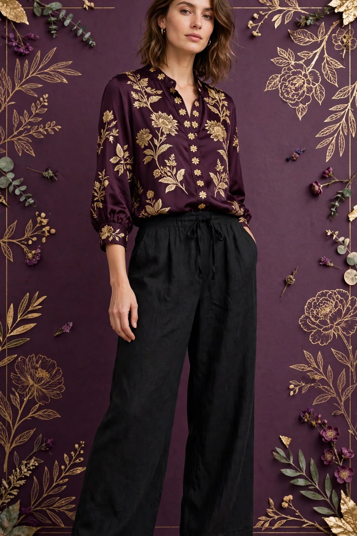 Person wearing Black Clay Gray linen wide-leg trousers