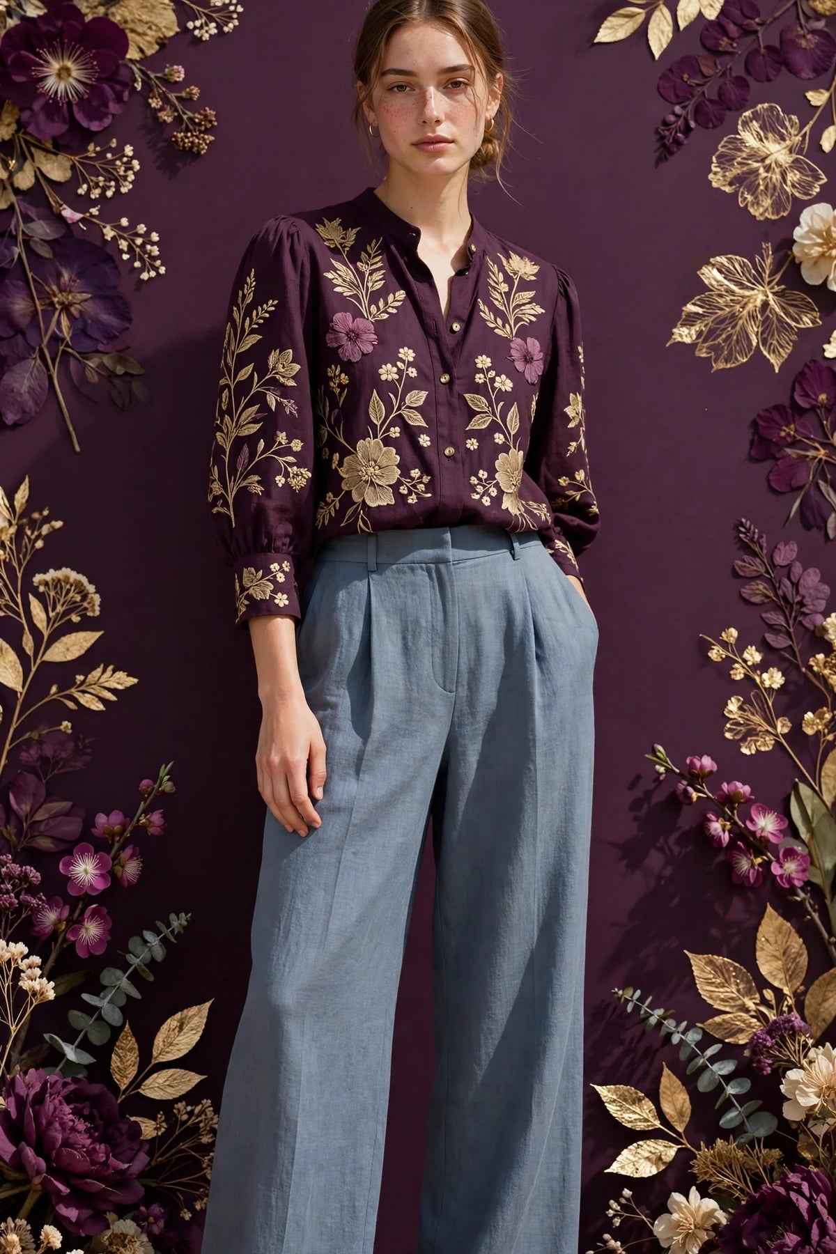 Person wearing Blue Clay Gray linen wide-leg trousers