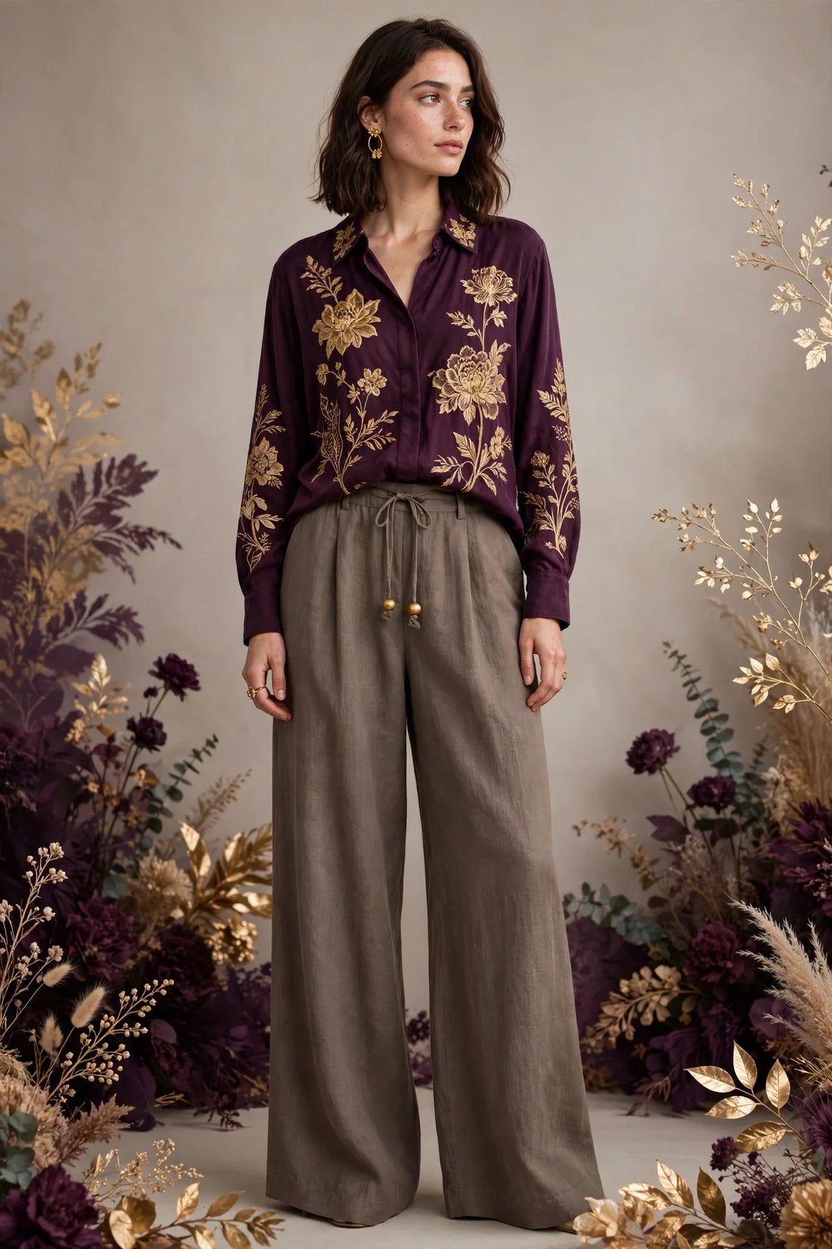 Person wearing Brown Clay Gray linen wide-leg trousers