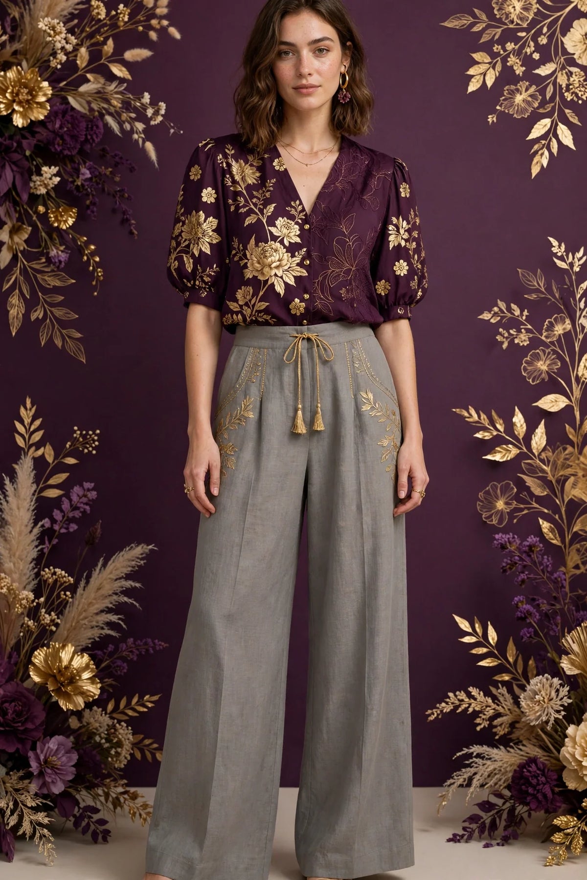 Person wearing Gold Clay Gray linen wide-leg trousers