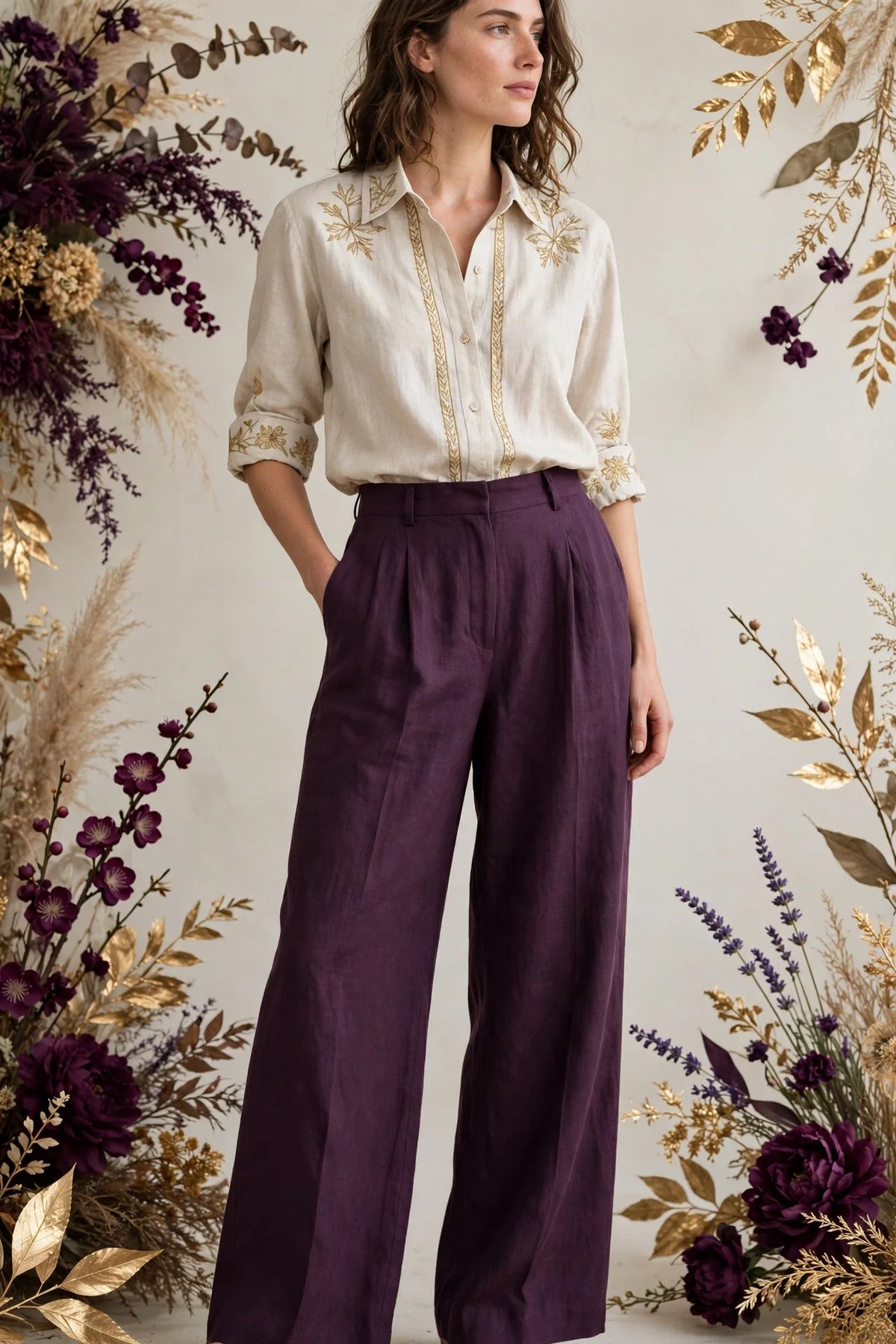 Person wearing Purple Clay Gray linen wide-leg trousers