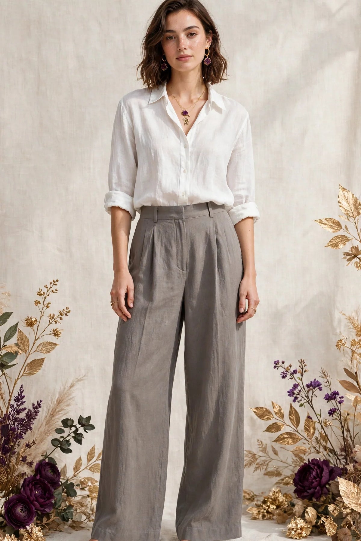 Person wearing White Clay Gray linen wide-leg trousers