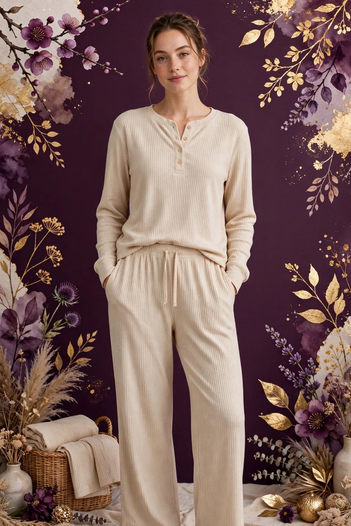 Person wearing Beige Ribbed Cotton Loungewear Set