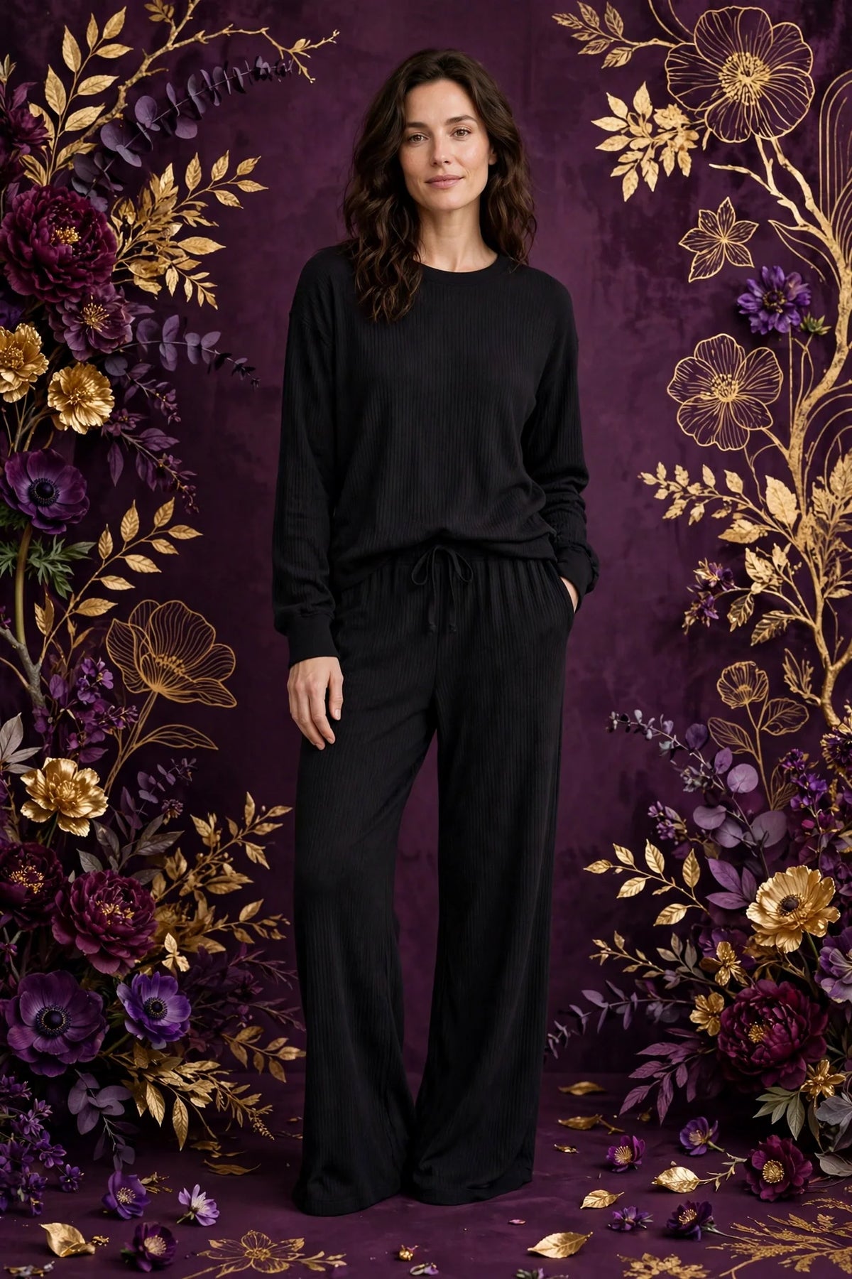 Person wearing Black Ribbed Cotton Loungewear Set
