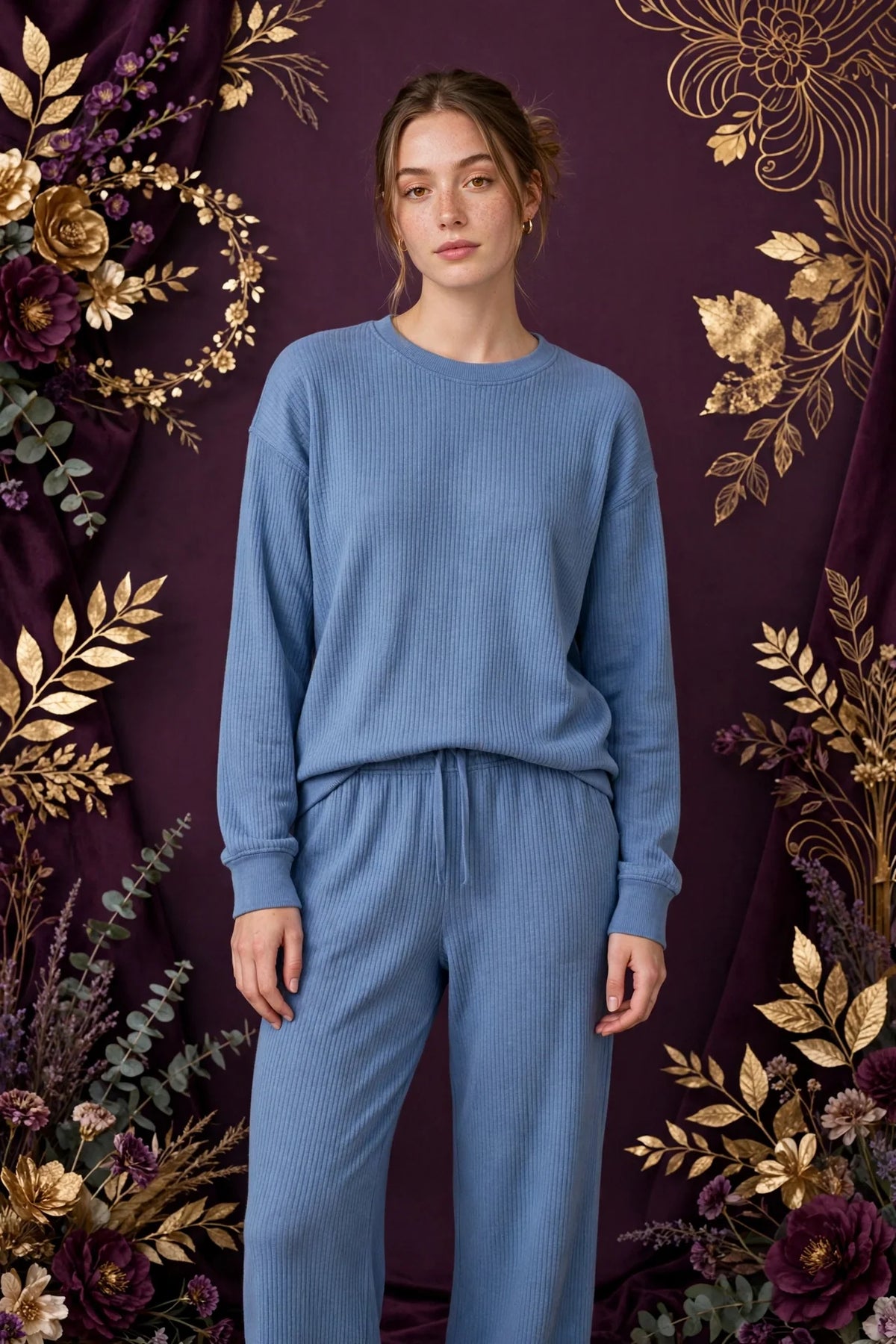 Person wearing Blue Ribbed Cotton Loungewear Set