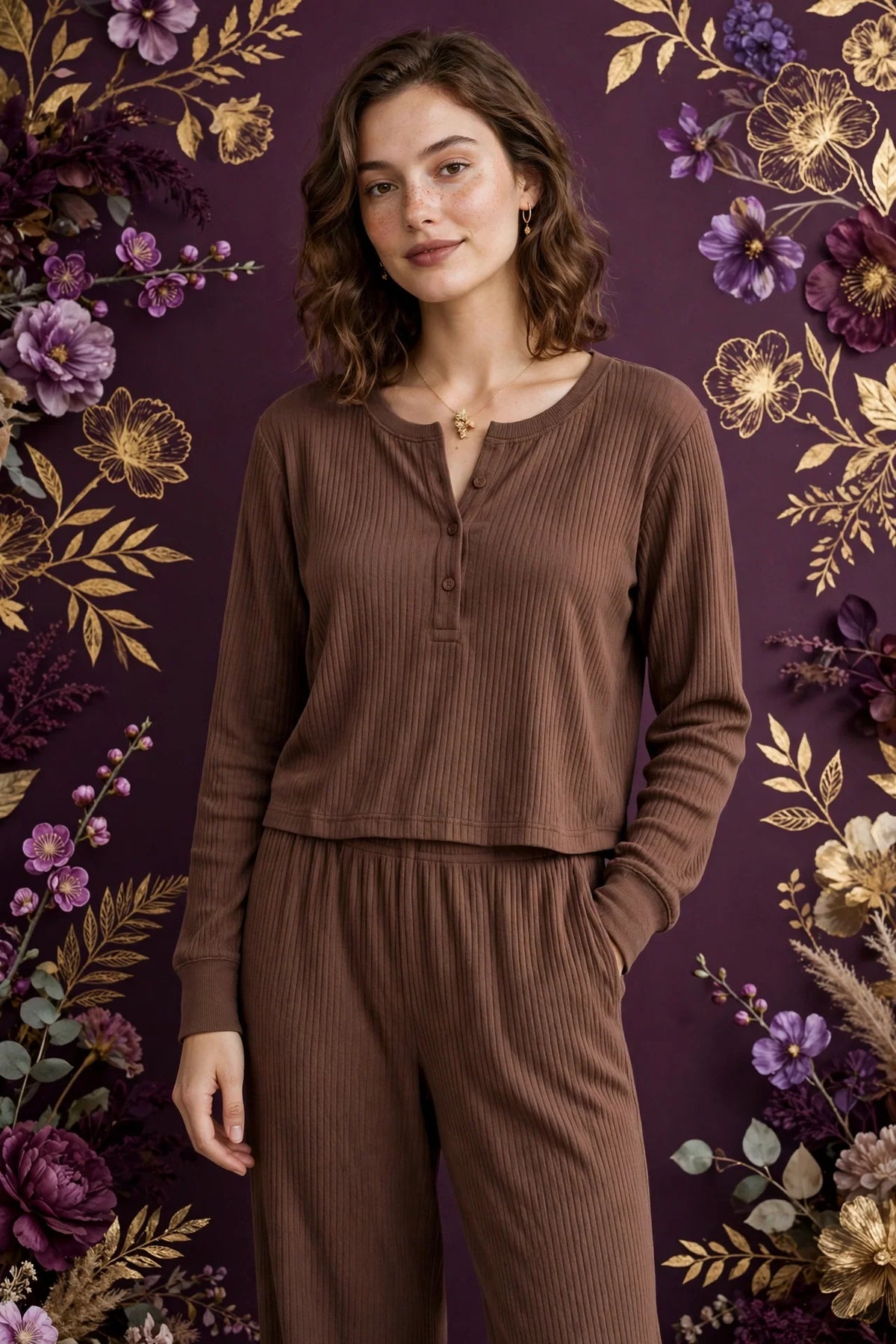 Person wearing Brown Ribbed Cotton Loungewear Set