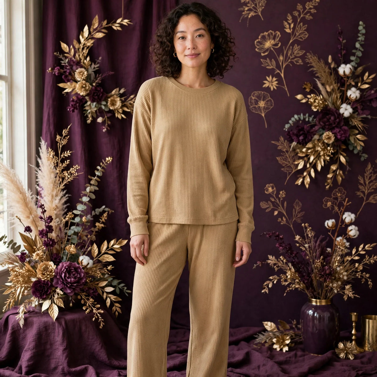 Person wearing Gold Ribbed Cotton Loungewear Set