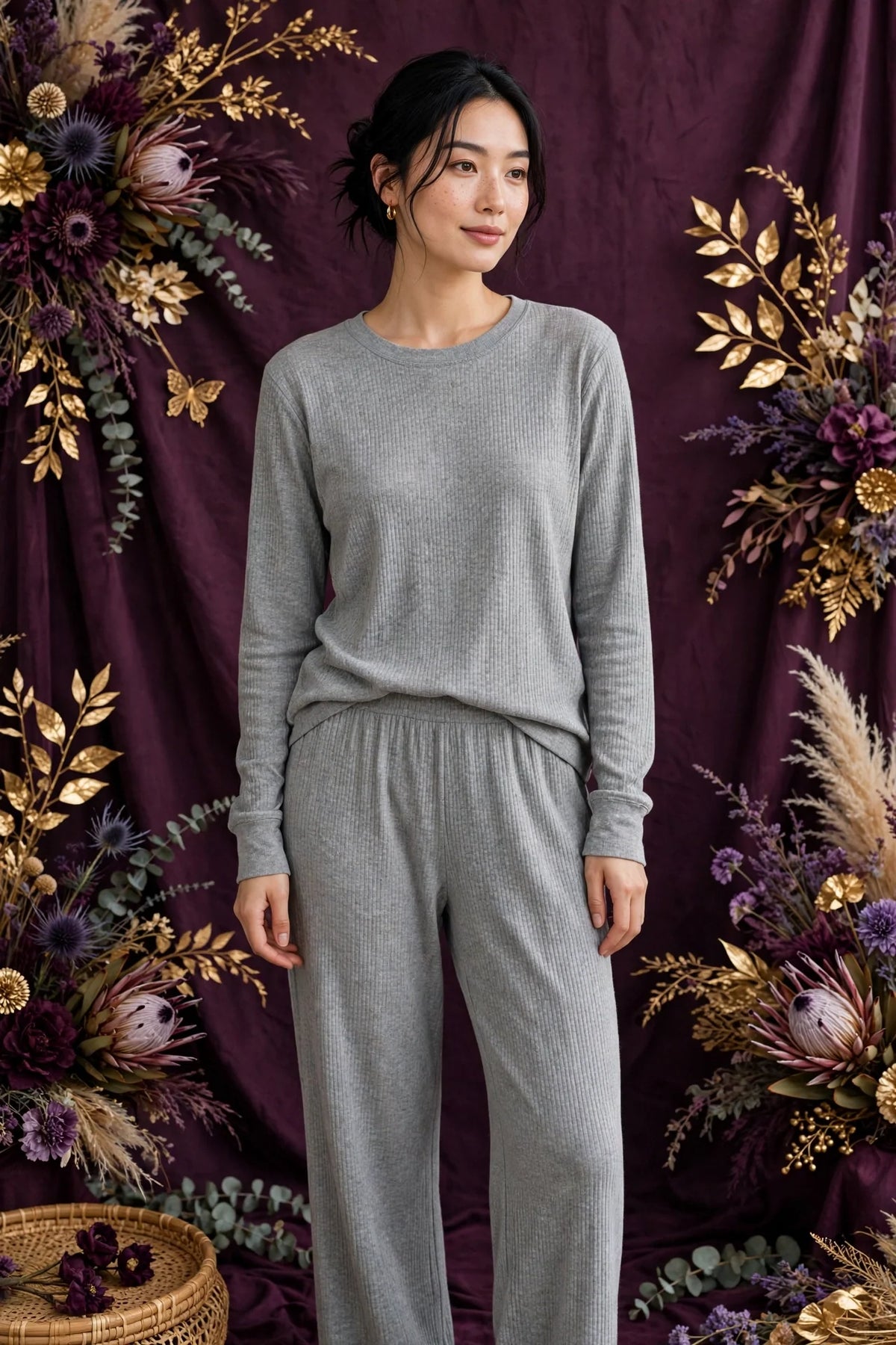 Person wearing Grey Ribbed Cotton Loungewear Set