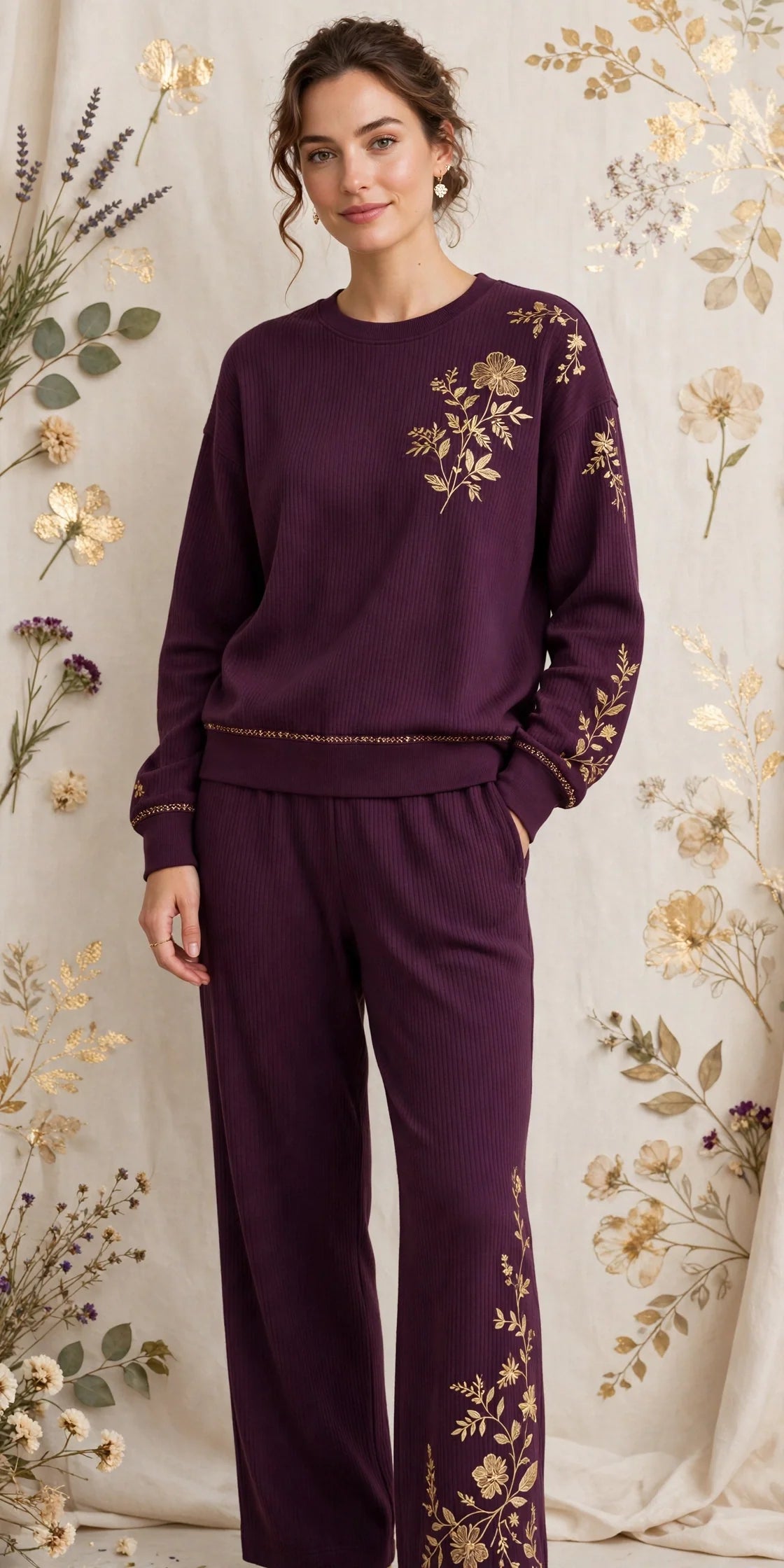 Person wearing Purple Ribbed Cotton Loungewear Set