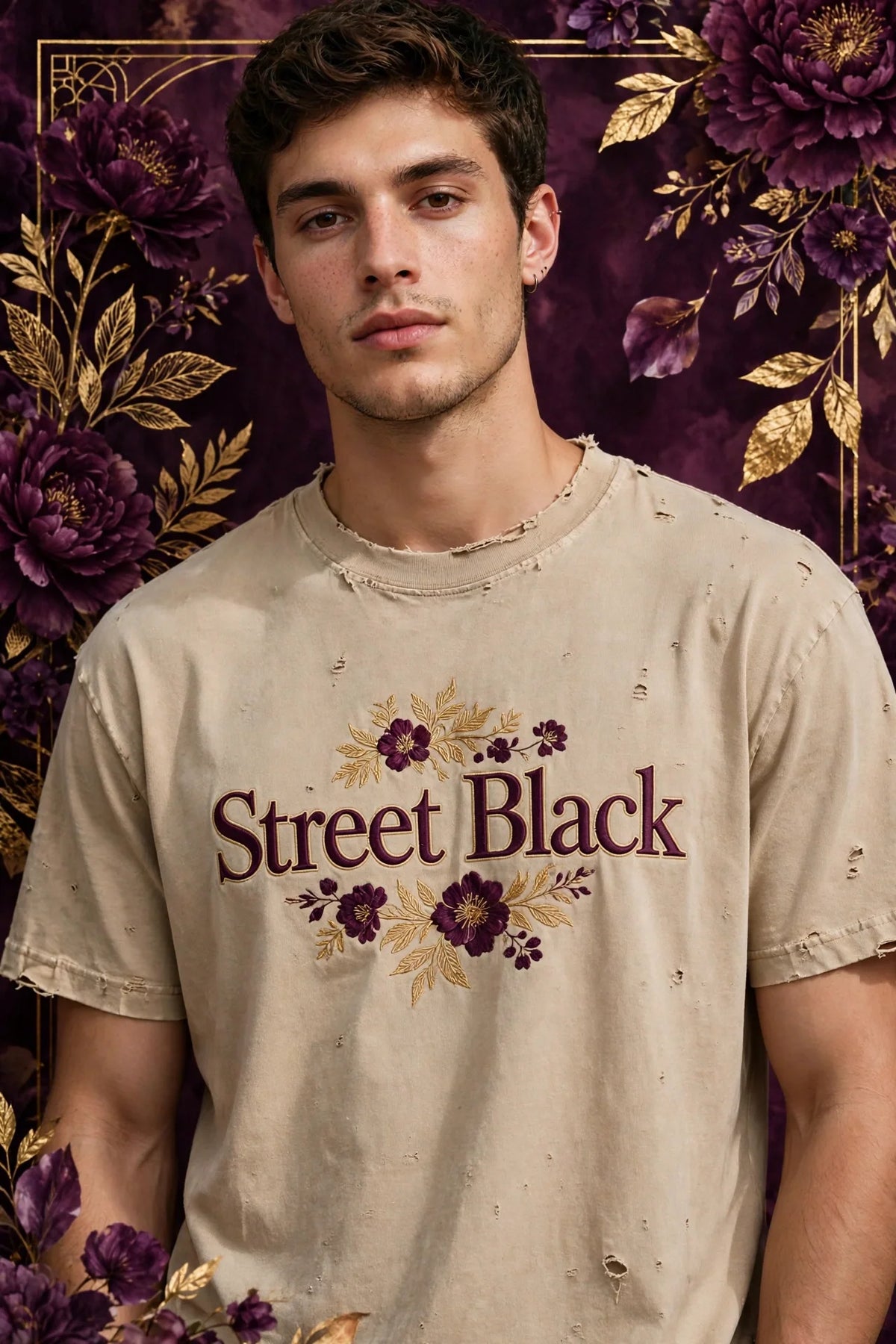 Person wearing Beige Street Black heavyweight distressed tee
