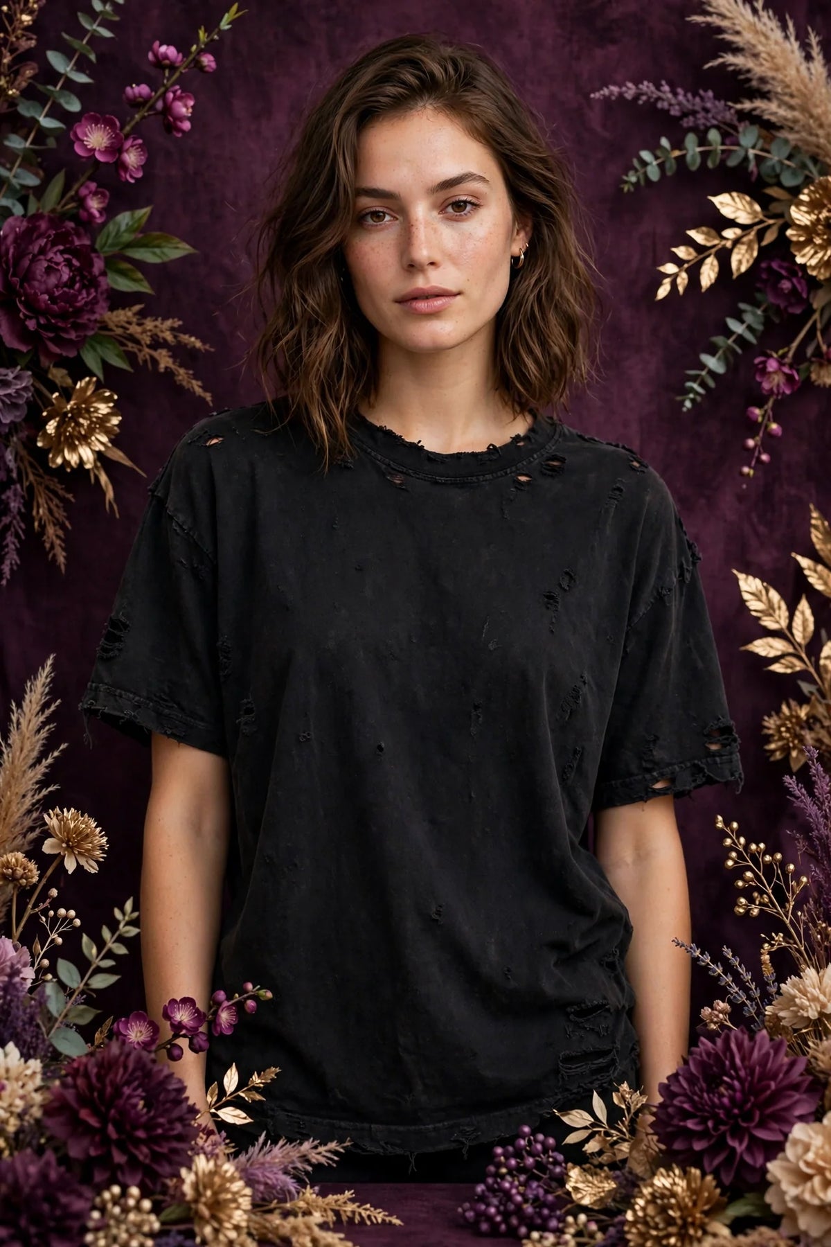 Person wearing Black Street Black heavyweight distressed tee