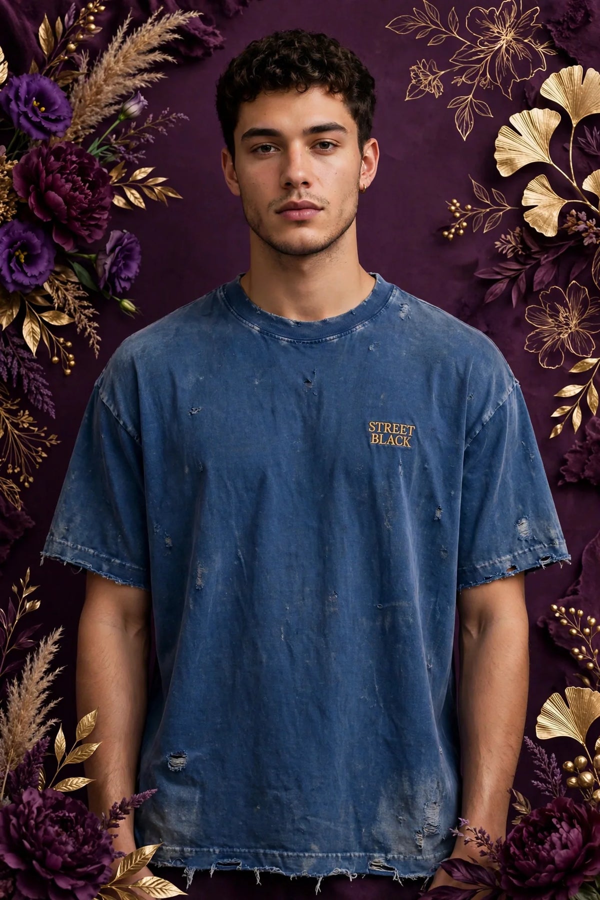 Person wearing Blue Street Black heavyweight distressed tee