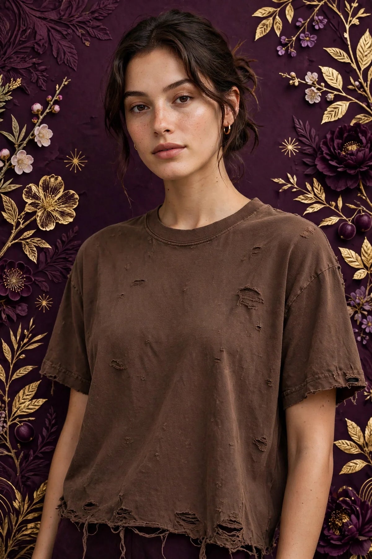 Person wearing Brown Street Black heavyweight distressed tee