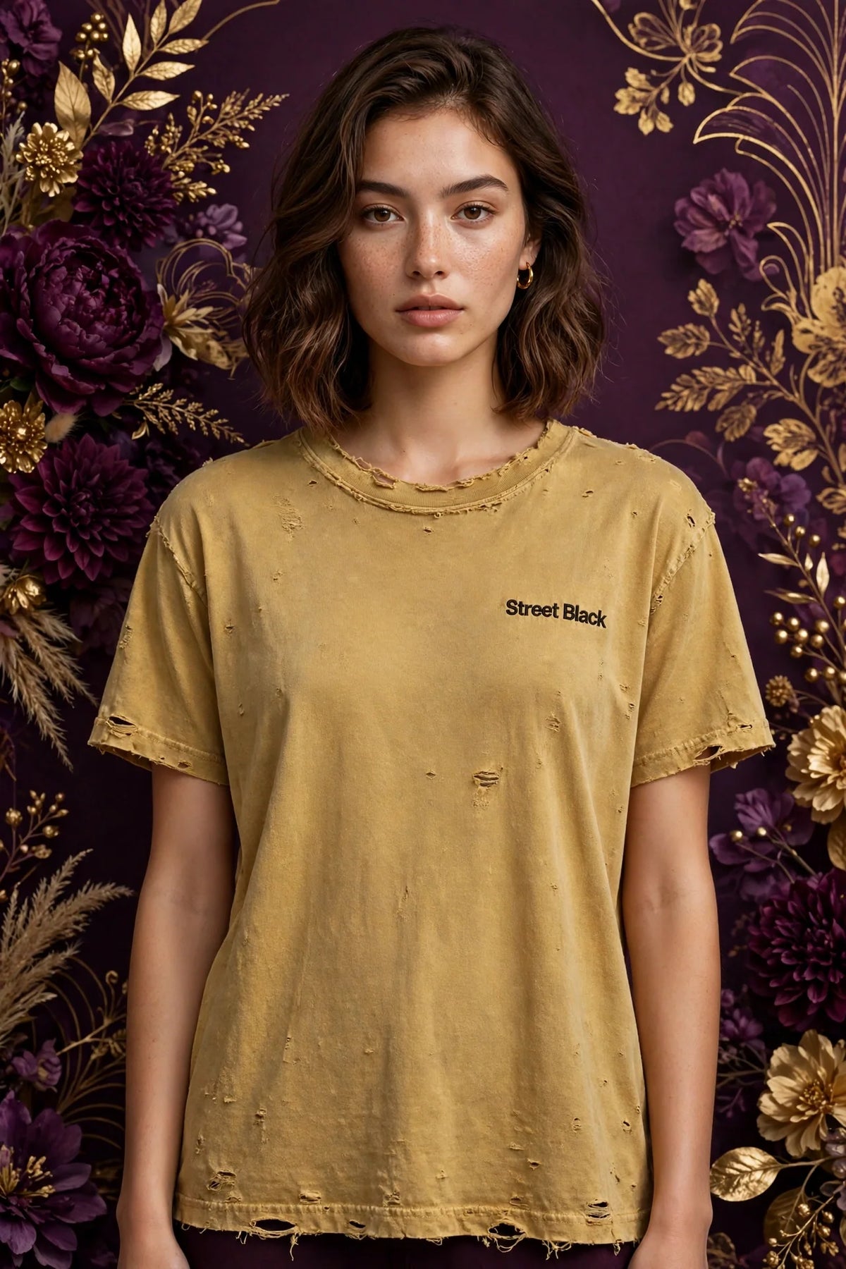 Person wearing Gold Street Black heavyweight distressed tee