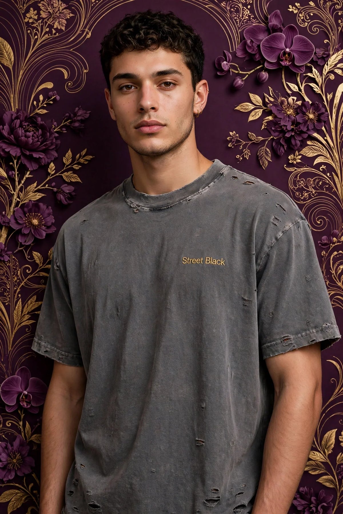 Person wearing Grey Street Black heavyweight distressed tee