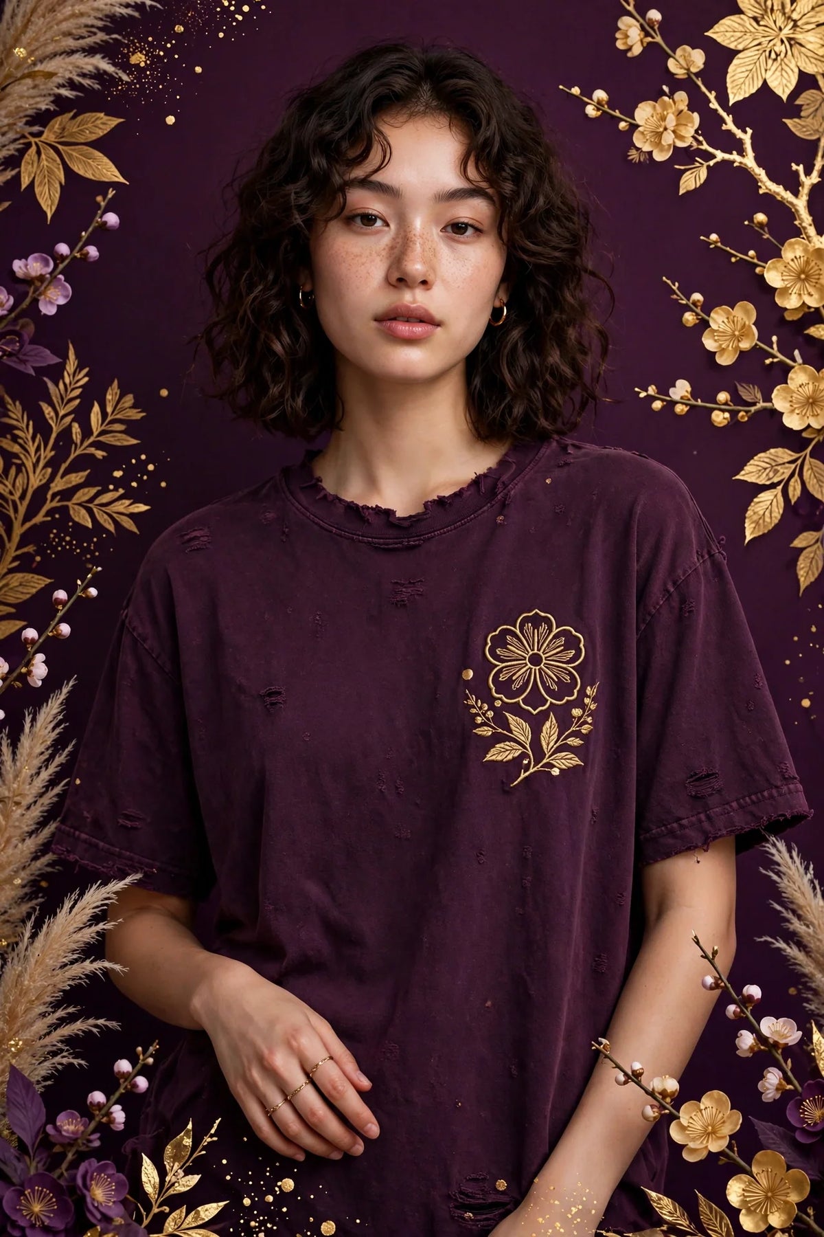 Person wearing Purple Street Black heavyweight distressed tee