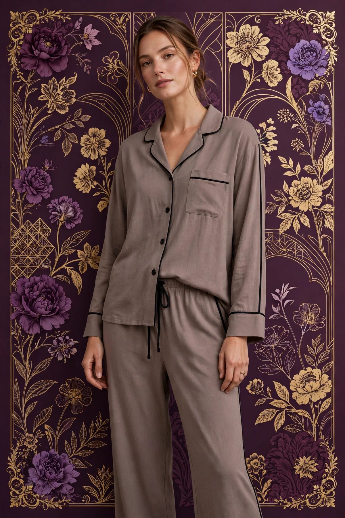 Person wearing Black Elegant Taupe Loungewear Set
