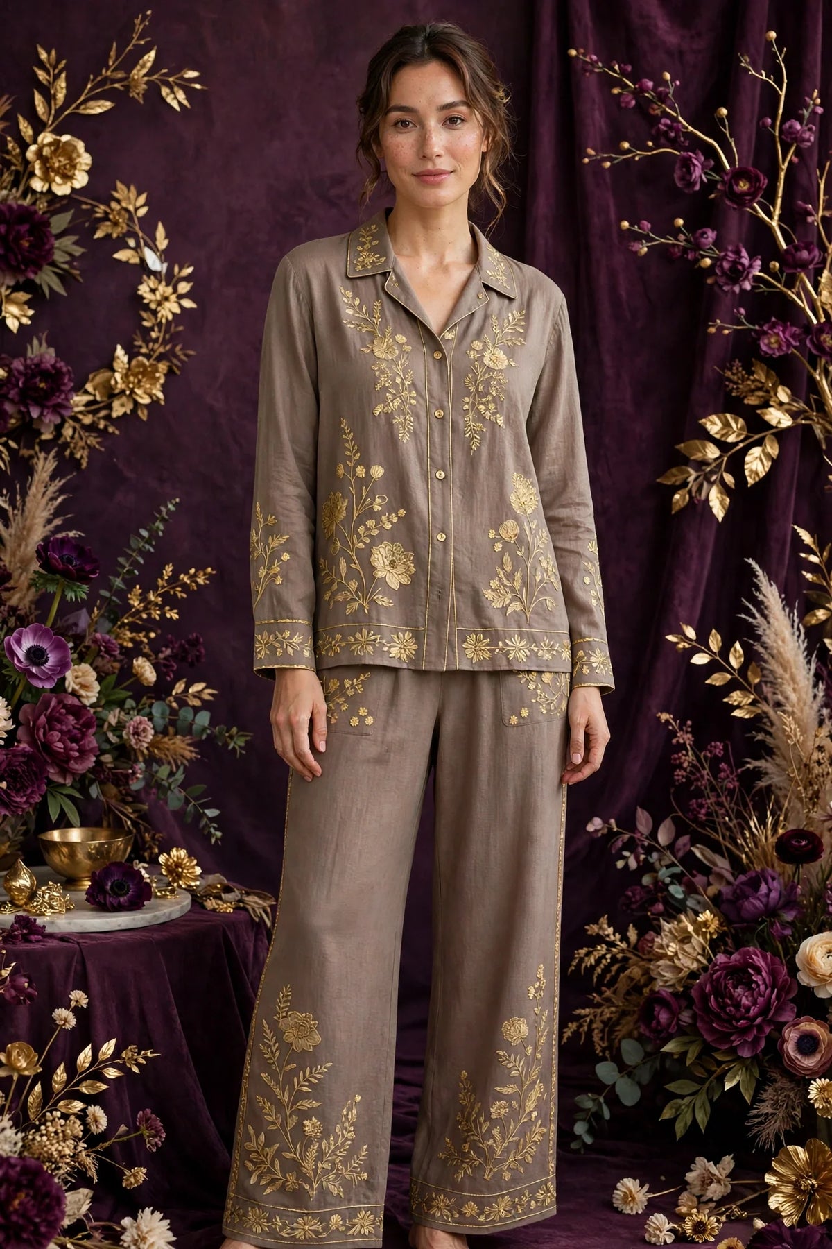 Person wearing Gold Elegant Taupe Loungewear Set