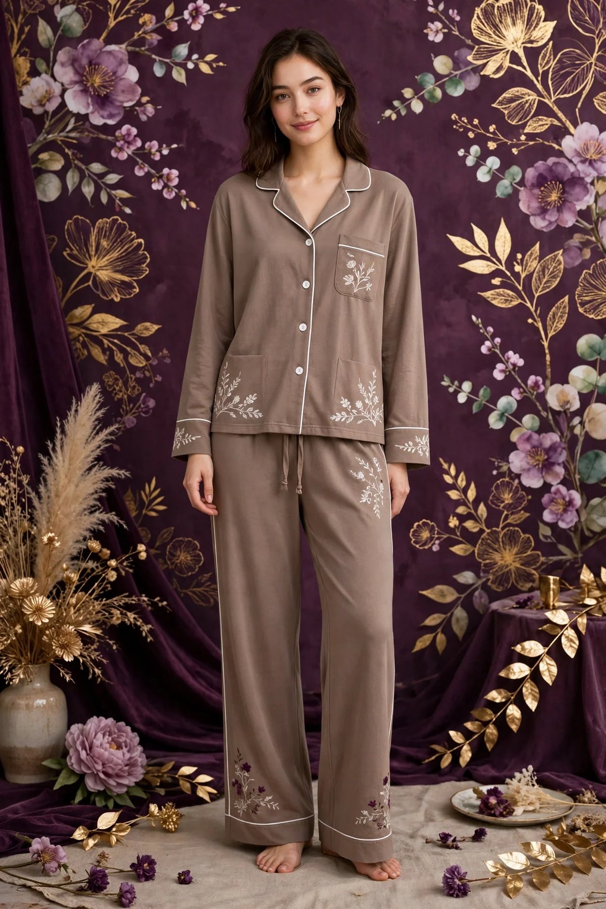 Person wearing White Elegant Taupe Loungewear Set